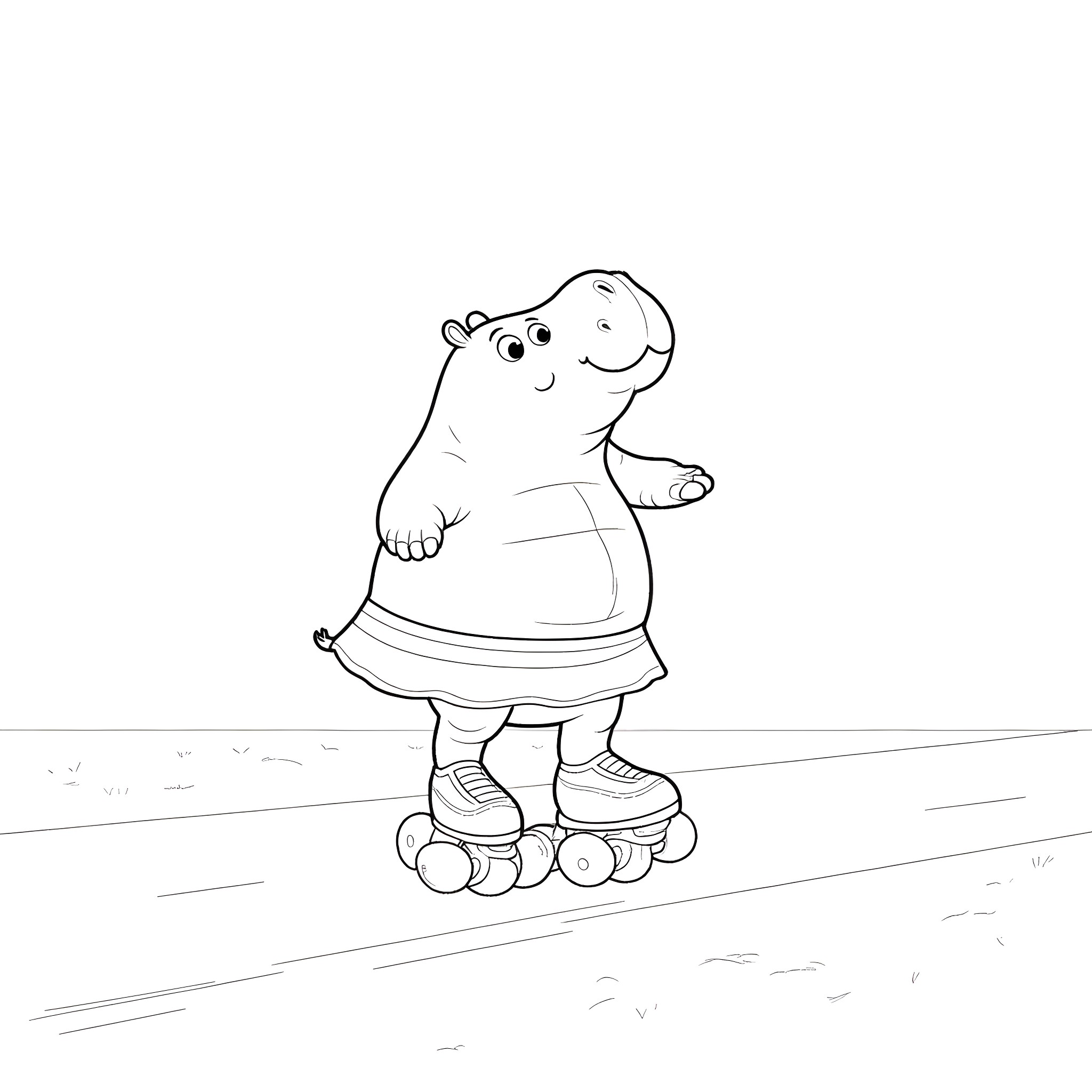 Hippo Roller-skating on a Path Coloring Page (free black-and-white line drawing printable PDF for all, from beginners to advanced learners, including children, teens, adults, and seniors)