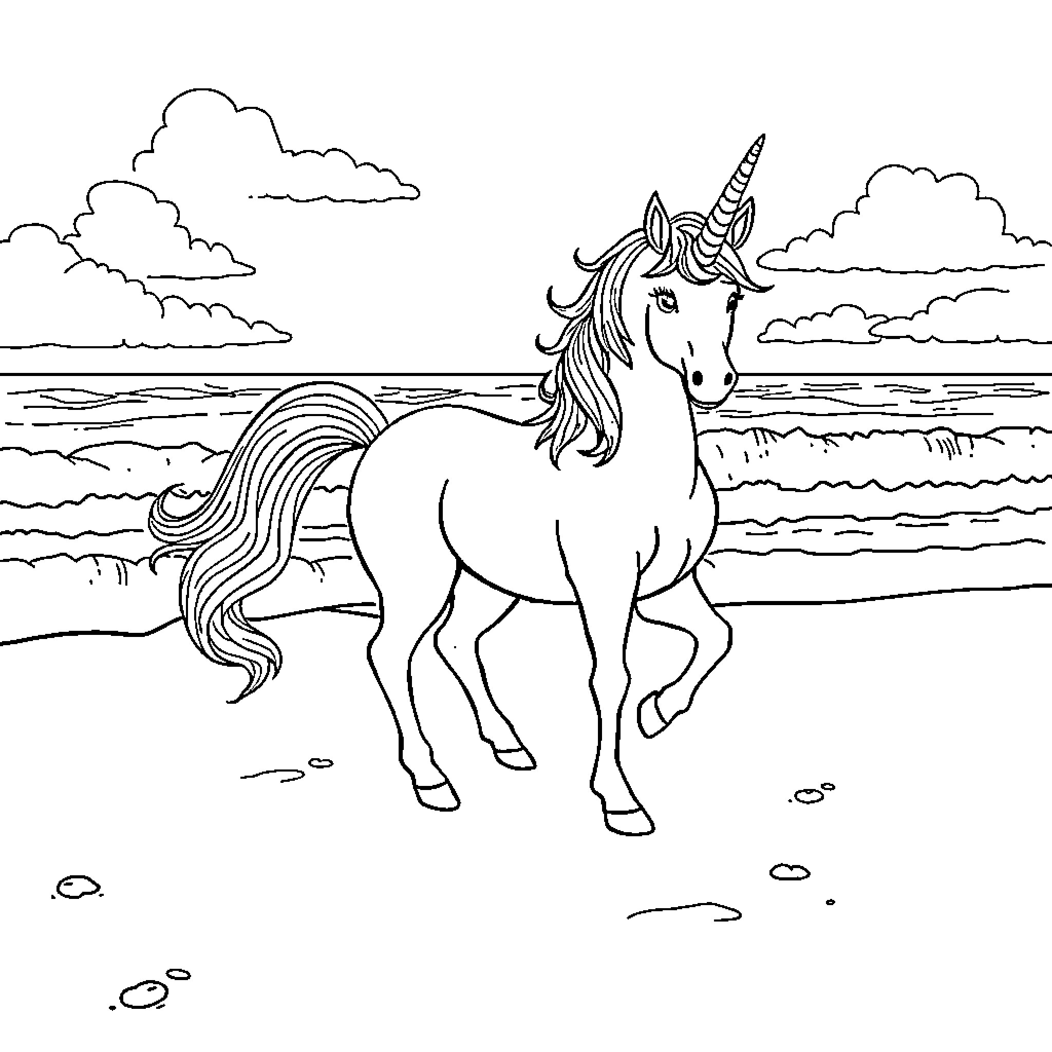 Unicorn galloping along the seashore Coloring Page (free black-and-white line drawing printable PDF for all, from beginners to advanced learners, including children, teens, adults, and seniors)