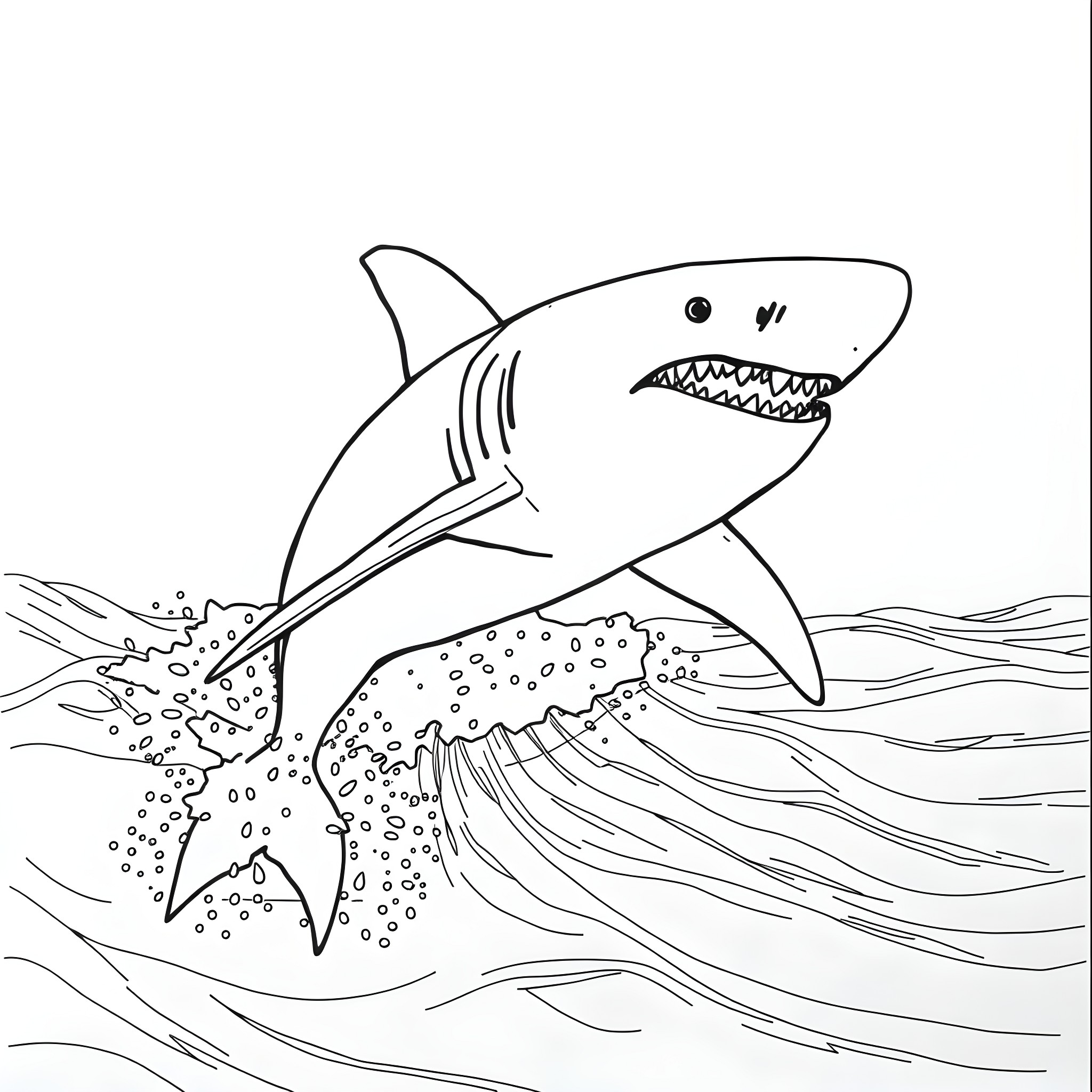 Shark swimming ferociously in the ocean Coloring Page (free black-and-white line drawing printable PDF for all, from beginners to advanced learners, including children, teens, adults, and seniors)
