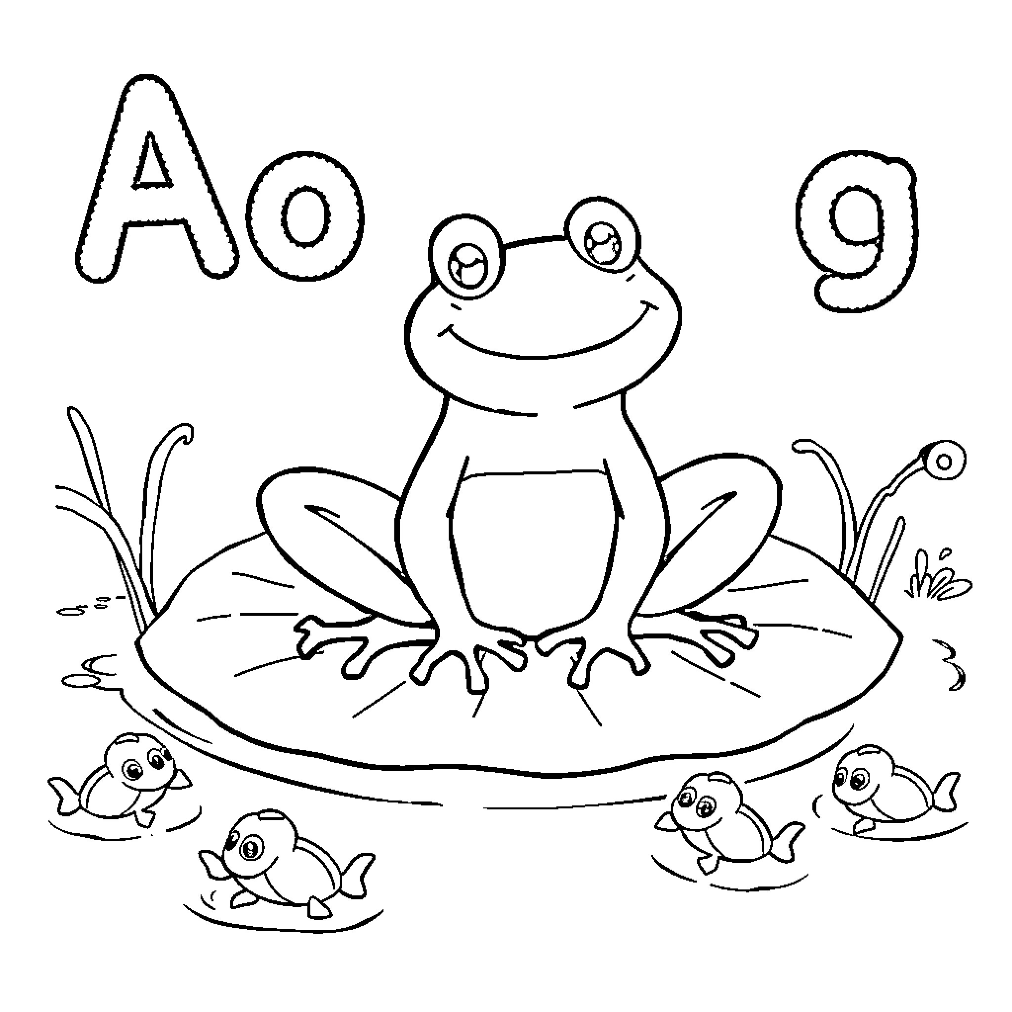 Frog relaxing on lily pad with fish Coloring Page (free black-and-white line drawing printable PDF for all, from beginners to advanced learners, including children, teens, adults, and seniors)