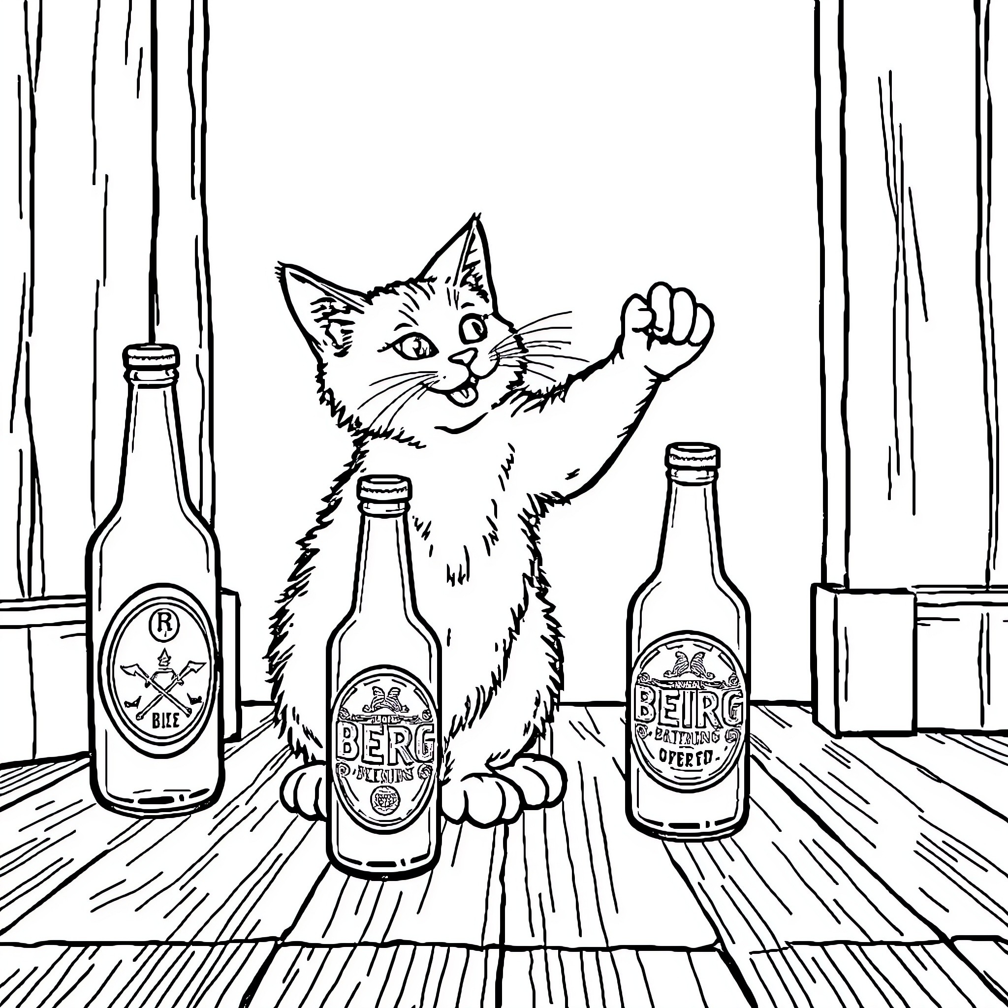 Cat celebrating with beer bottles Coloring Page (free black-and-white line drawing printable PDF for all, from beginners to advanced learners, including children, teens, adults, and seniors)