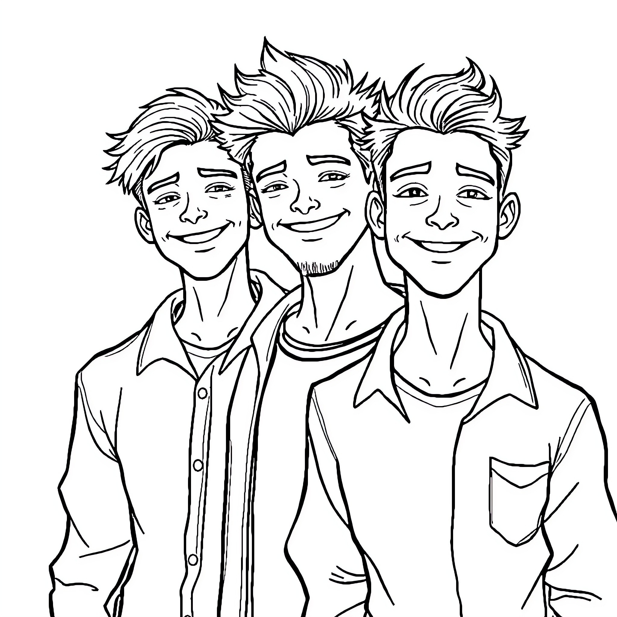 Boy Trio Smiling Happily Together Coloring Page (free black-and-white line drawing printable PDF for all, from beginners to advanced learners, including children, teens, adults, and seniors)
