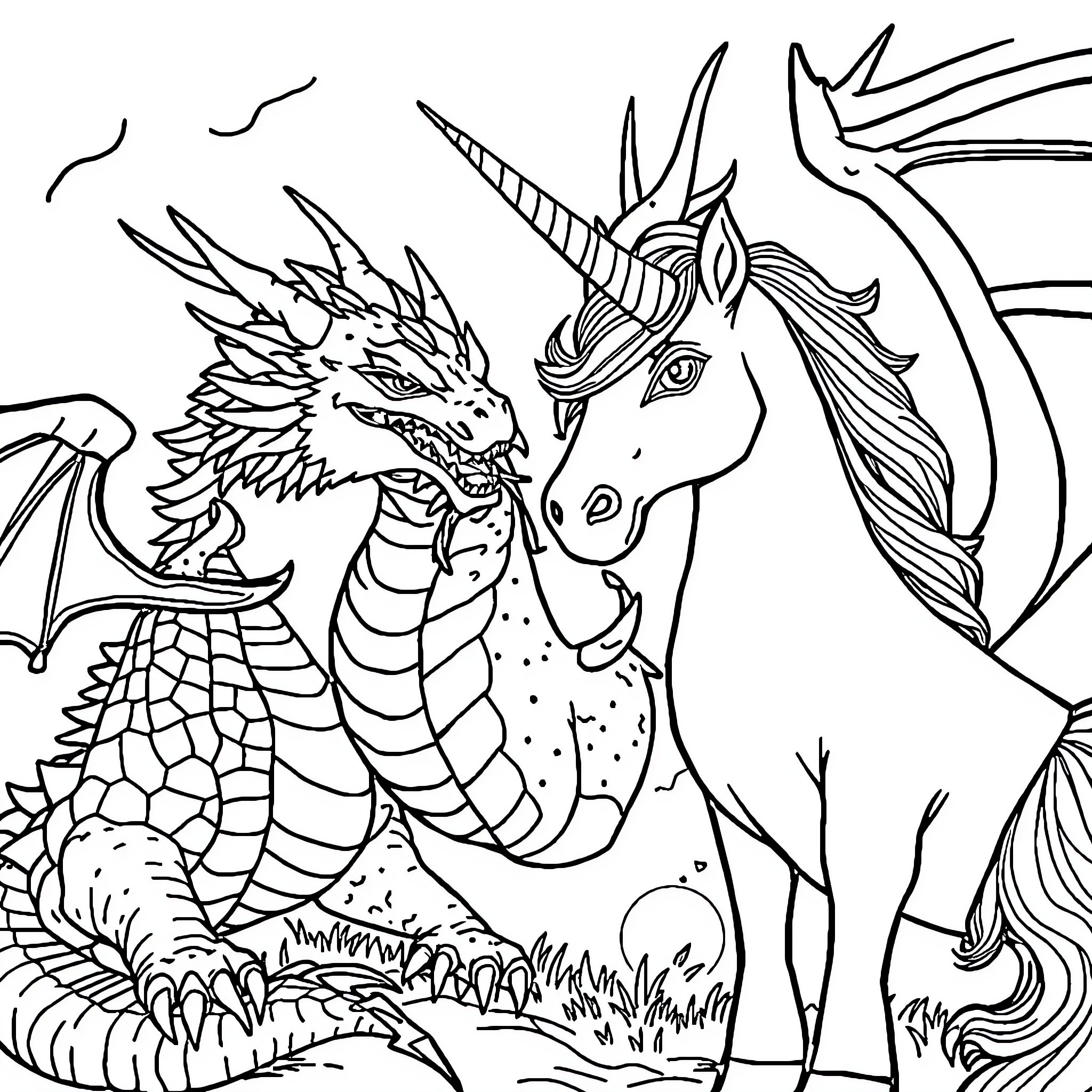 Unicorn interacting with majestic fantasy dragon Coloring Page (free black-and-white line drawing printable PDF for all, from beginners to advanced learners, including children, teens, adults, and seniors)
