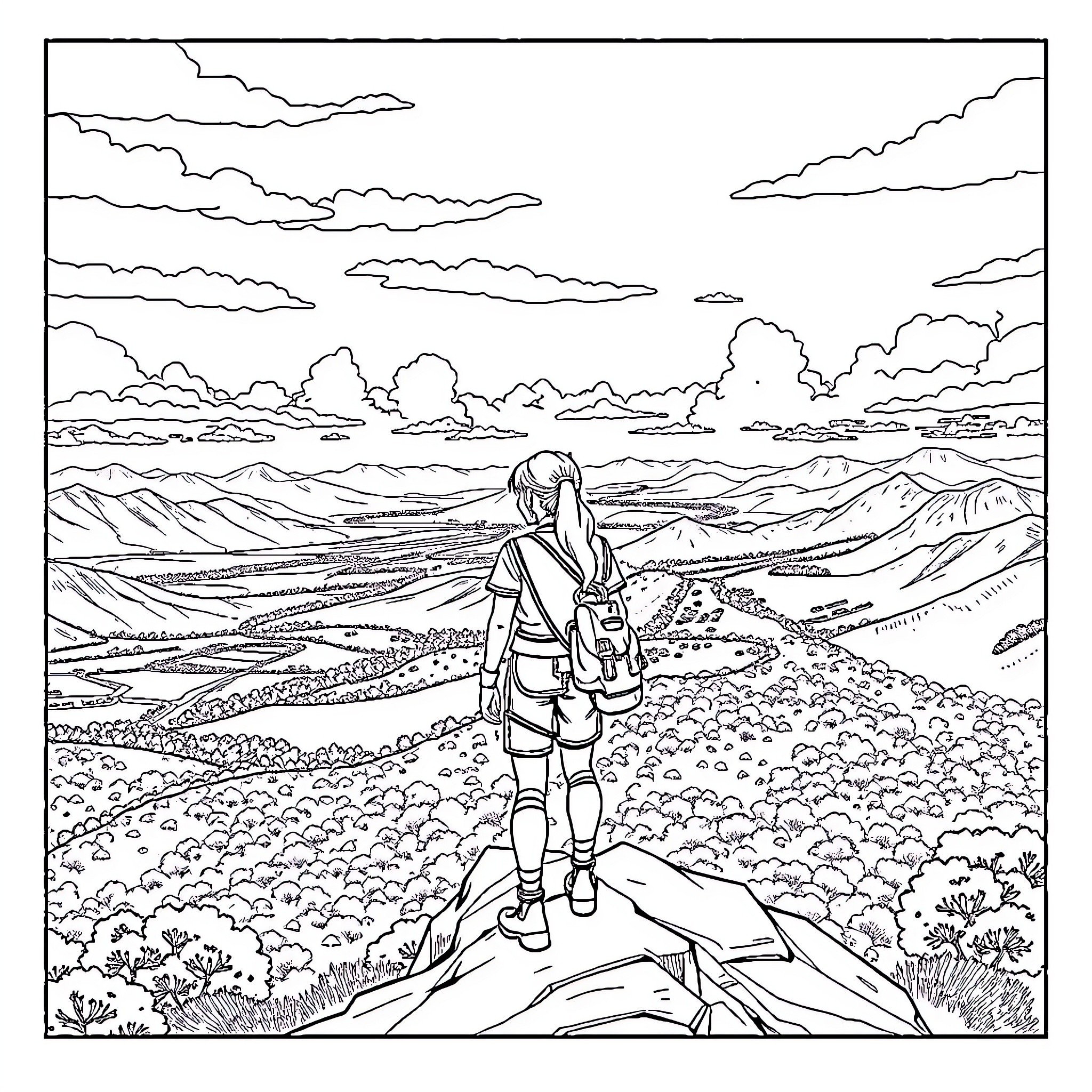 Link's Journey Through the Scenic Wilderness Coloring Page (free black-and-white line drawing printable PDF for all, from beginners to advanced learners, including children, teens, adults, and seniors)