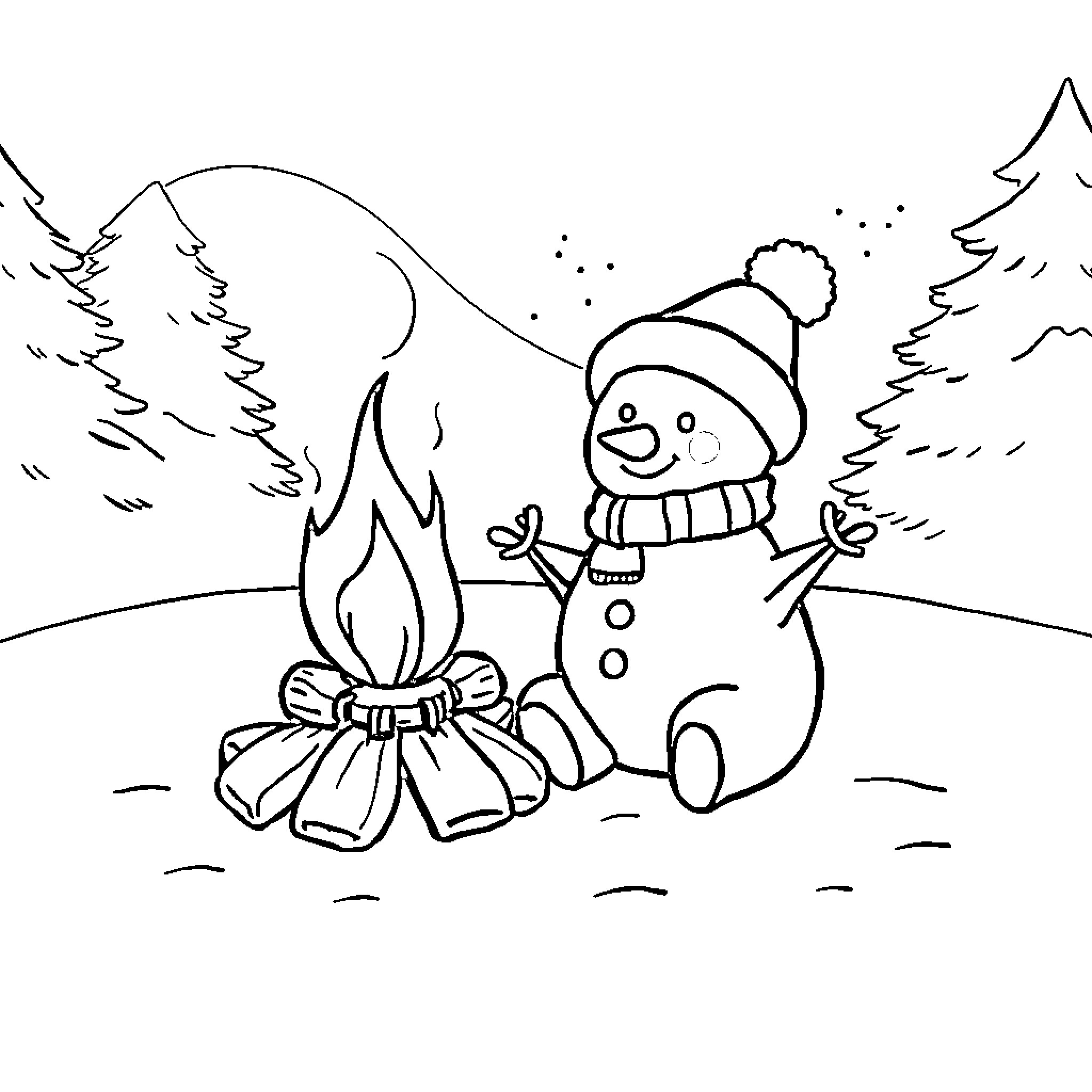 Snowman enjoying a cozy campfire in the winter wonderland Coloring Page (free black-and-white line drawing printable PDF for all, from beginners to advanced learners, including children, teens, adults, and seniors)