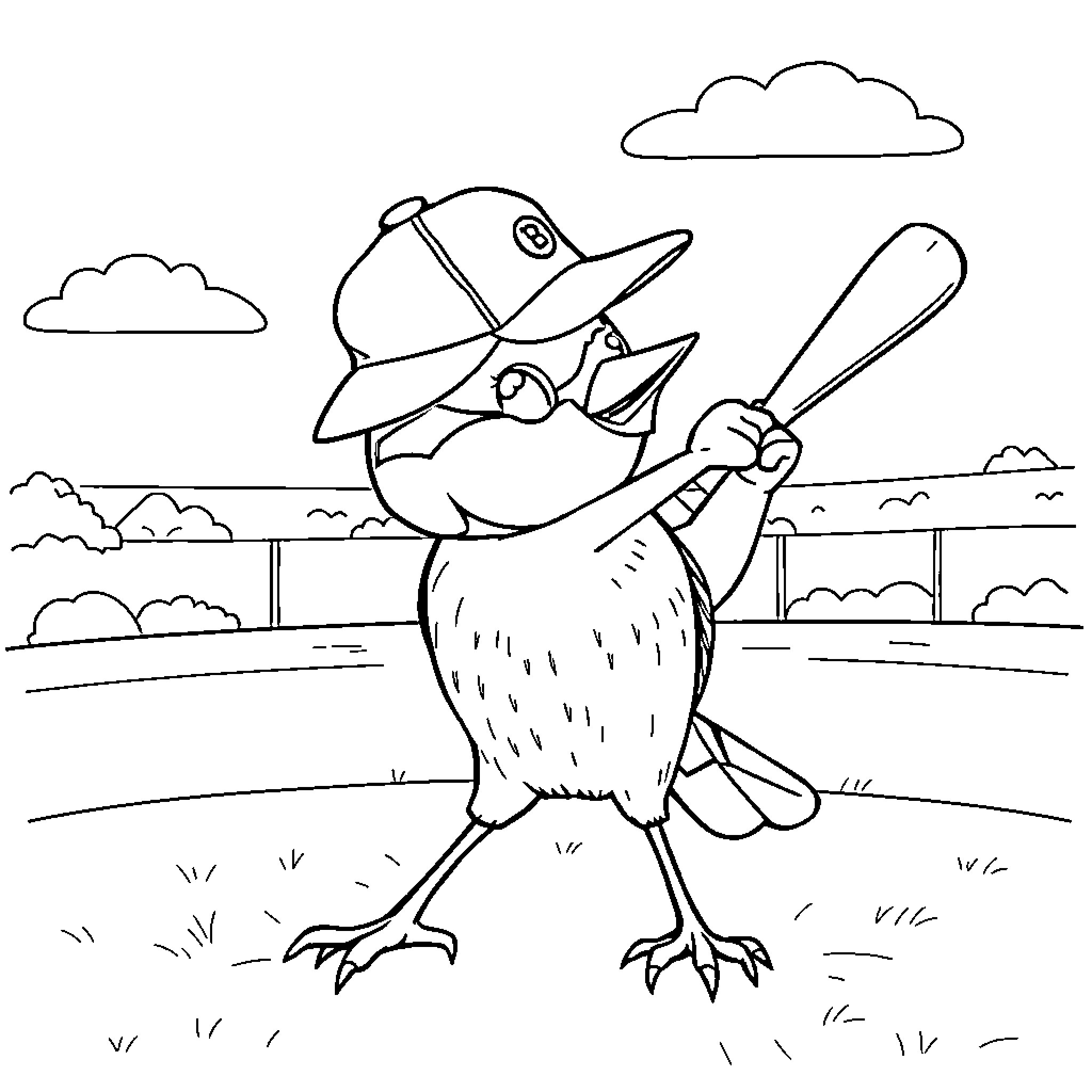 Blue Jay playing baseball in the park Coloring Page (free black-and-white line drawing printable PDF for all, from beginners to advanced learners, including children, teens, adults, and seniors)