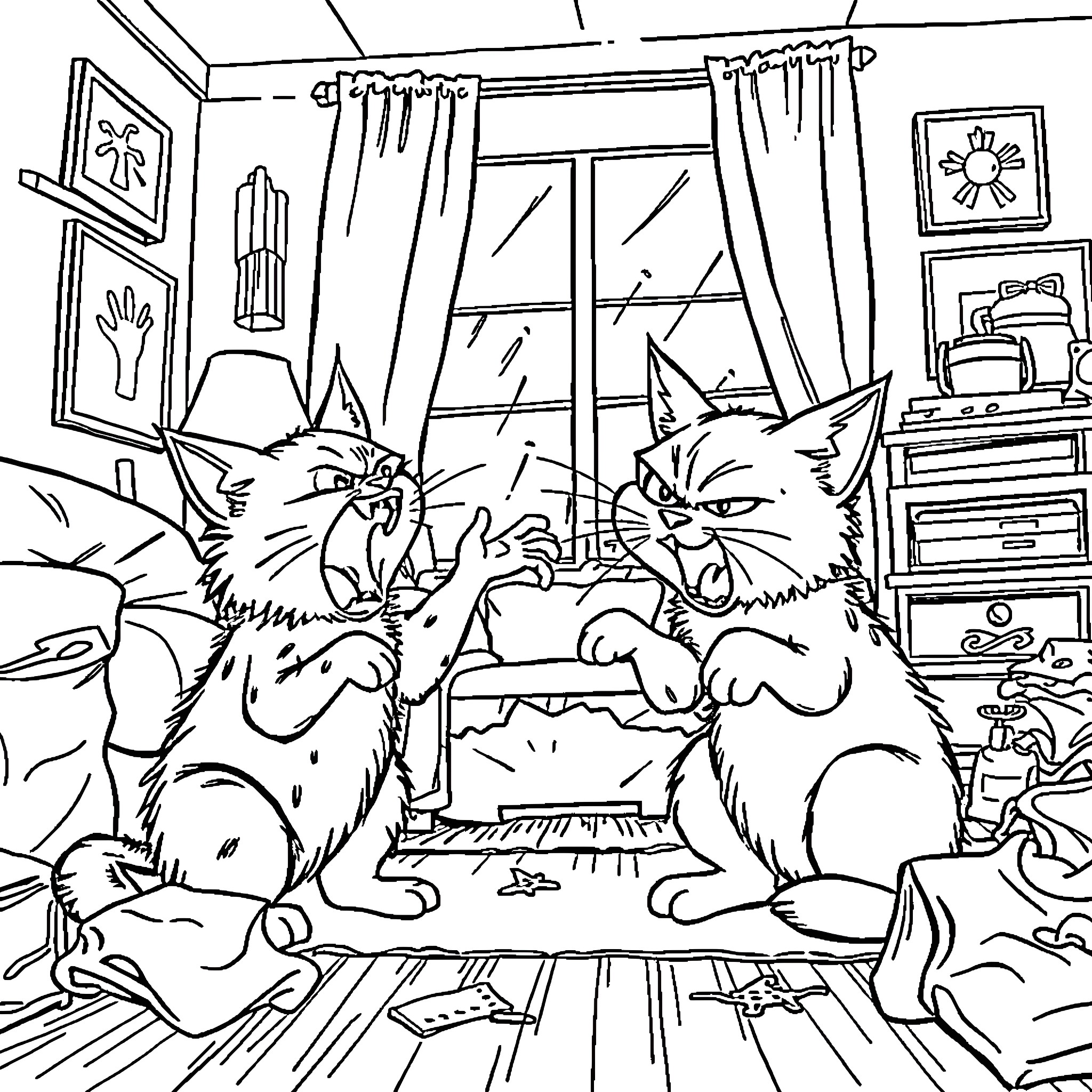 Cat Quarreling in Cluttered Room Coloring Page (free black-and-white line drawing printable PDF for all, from beginners to advanced learners, including children, teens, adults, and seniors)
