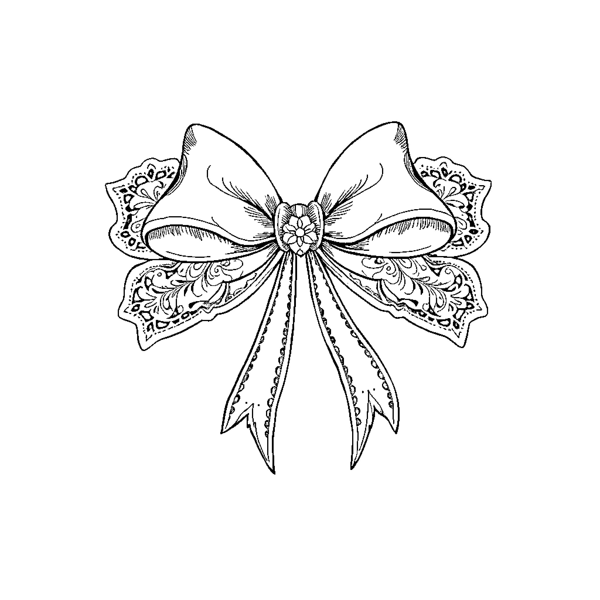Bow with Intricate Floral Patterns Coloring Page (free black-and-white line drawing printable PDF for all, from beginners to advanced learners, including children, teens, adults, and seniors)