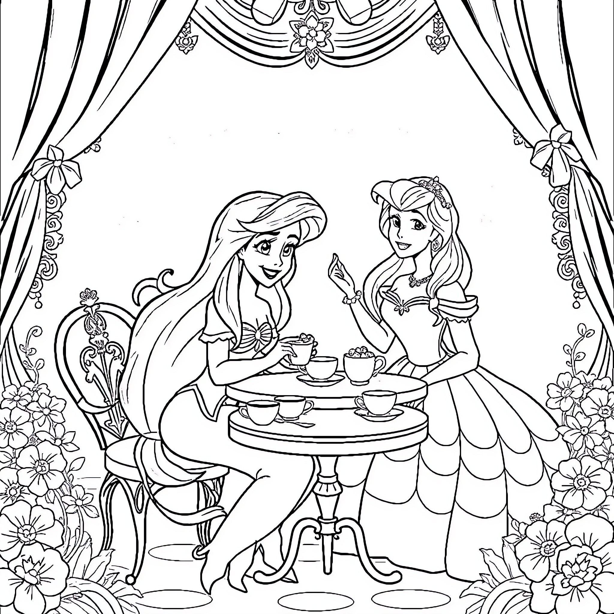 Ariel and Belle Sharing Tea in Elegant Setting Coloring Page (free black-and-white line drawing printable PDF for all, from beginners to advanced learners, including children, teens, adults, and seniors)