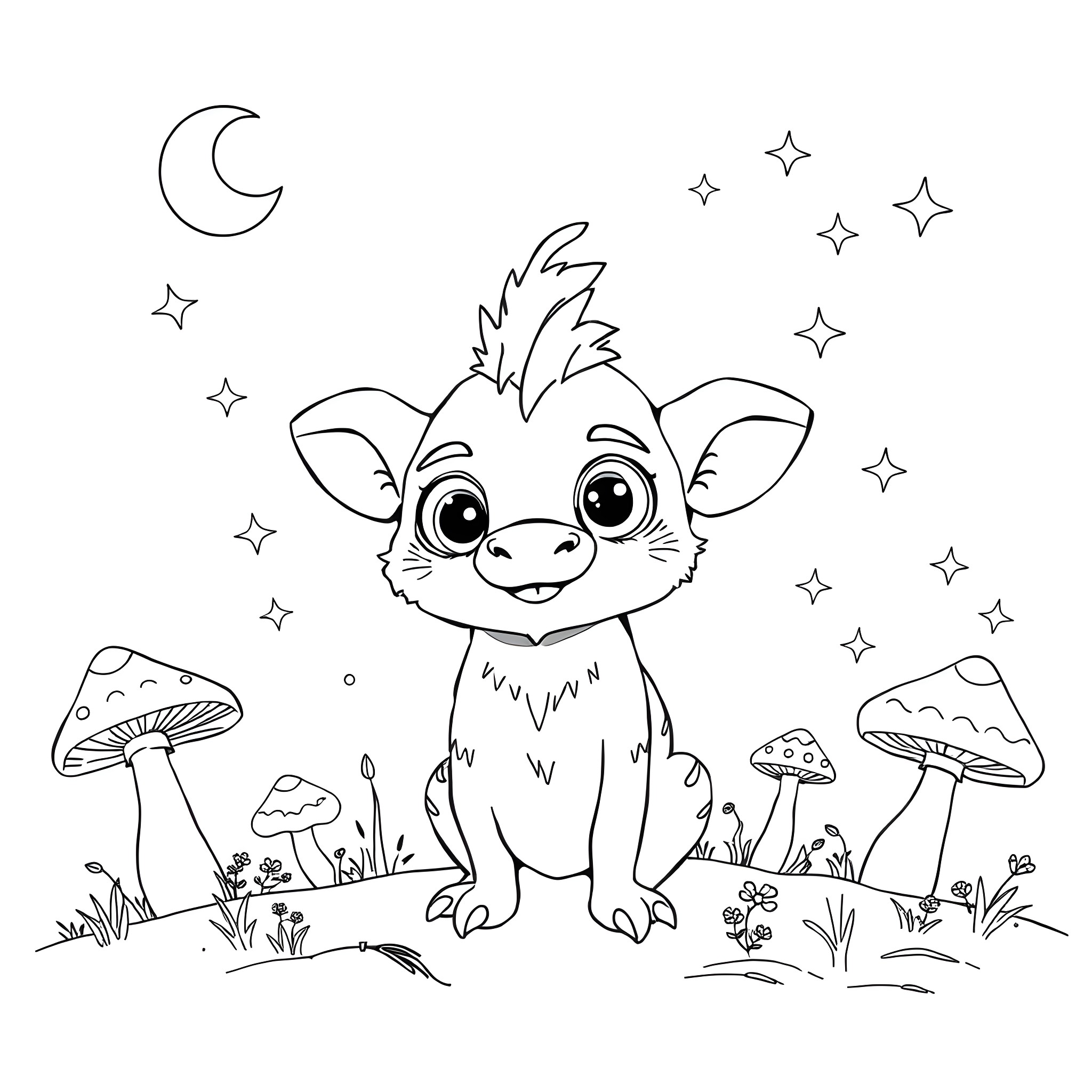 Labubu's Whimsical Nighttime Adventure Coloring Page (free black-and-white line drawing printable PDF for all, from beginners to advanced learners, including children, teens, adults, and seniors)