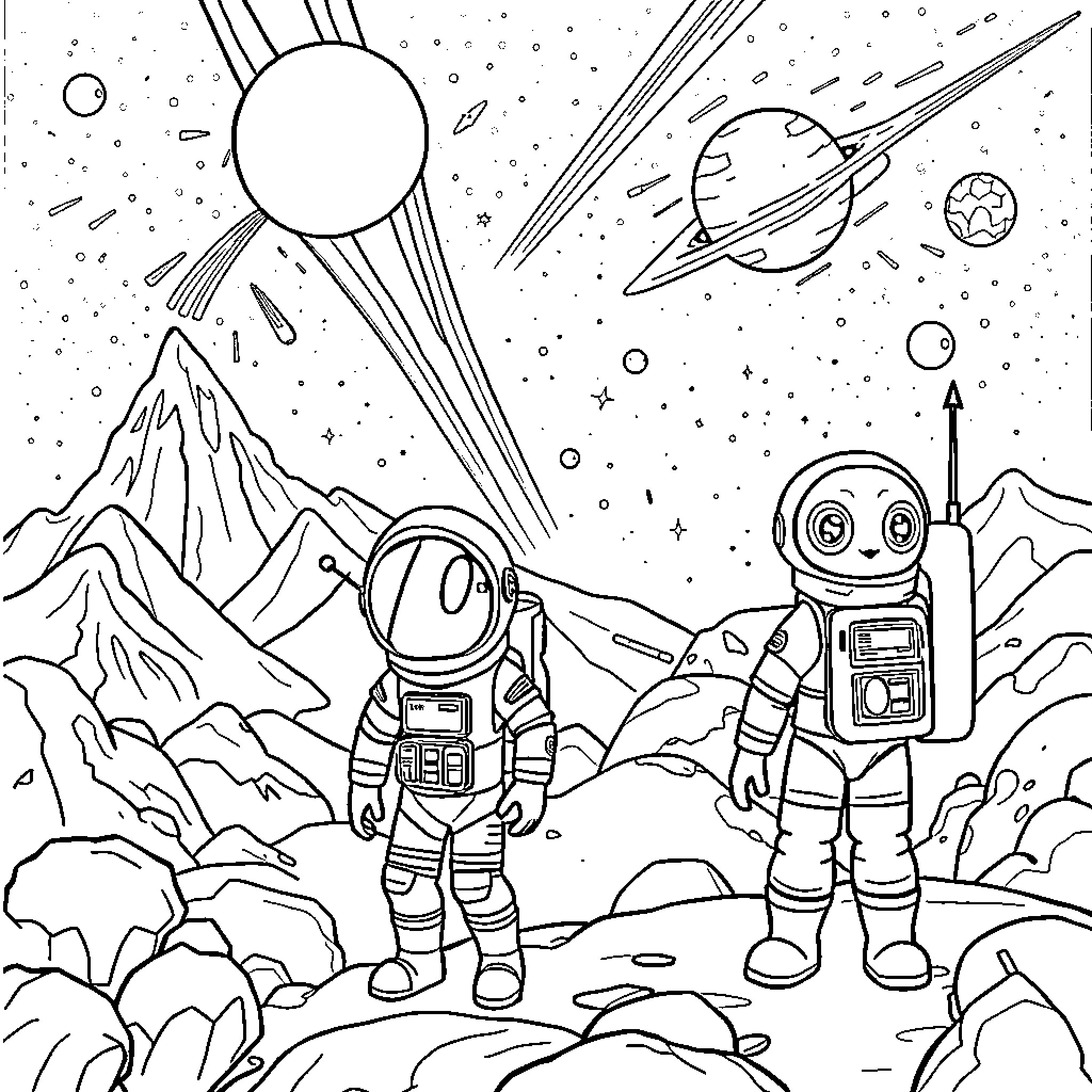 Kids Exploring Outer Space Adventure Coloring Page (free black-and-white line drawing printable PDF for all, from beginners to advanced learners, including children, teens, adults, and seniors)
