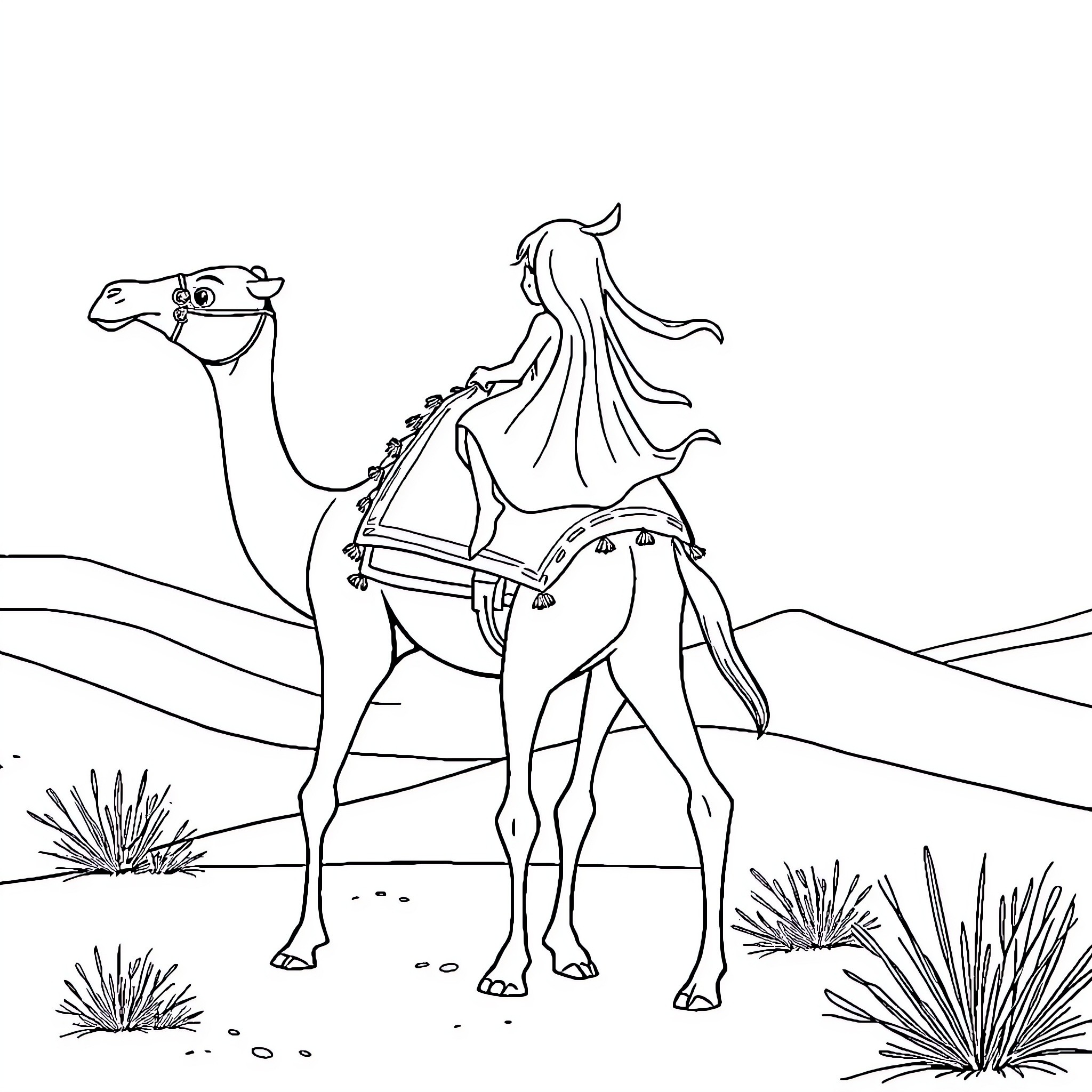 Cinderella riding a camel through the desert Coloring Page (free black-and-white line drawing printable PDF for all, from beginners to advanced learners, including children, teens, adults, and seniors)