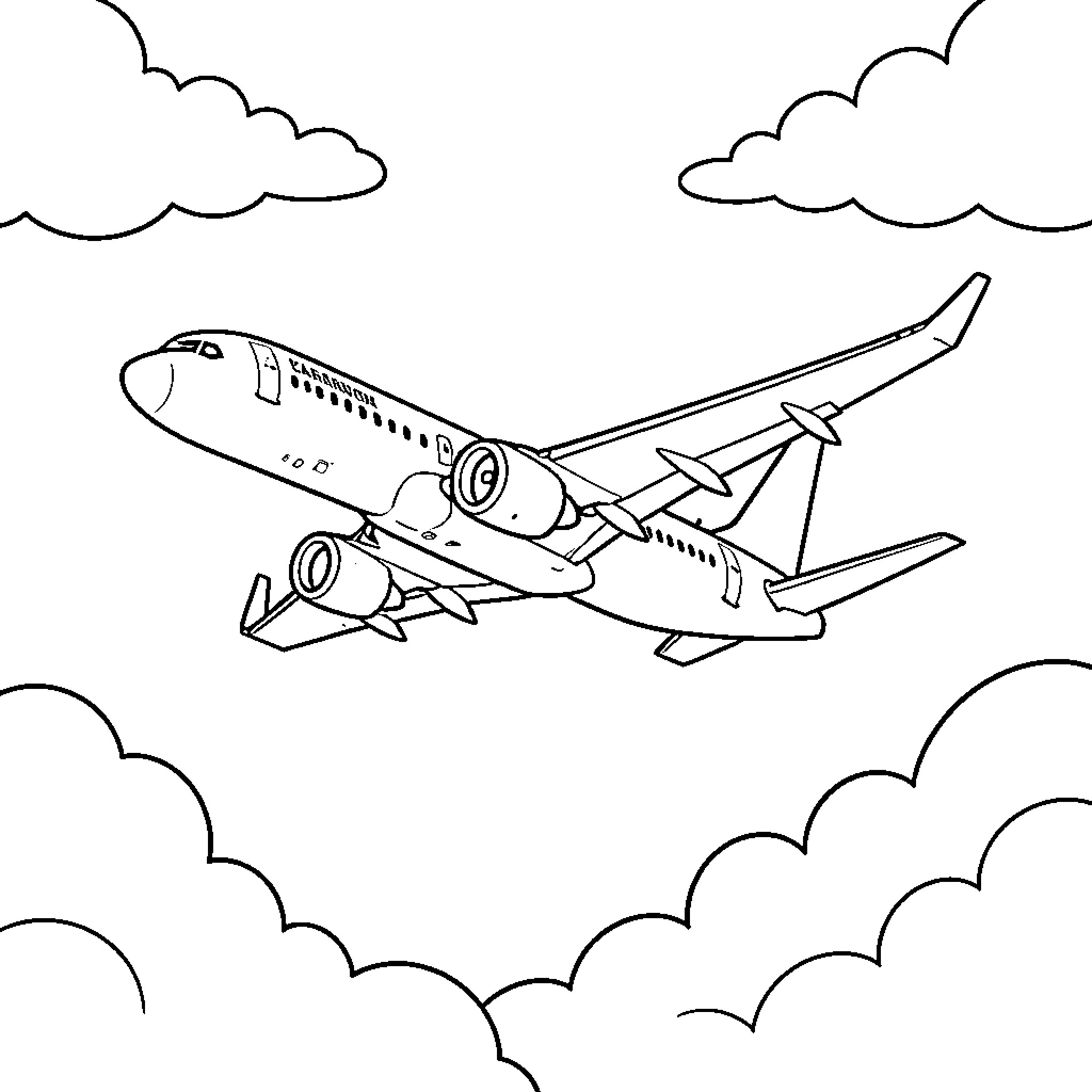 Airbus commercial airplane in flight over clouds Coloring Page (free black-and-white line drawing printable PDF for all, from beginners to advanced learners, including children, teens, adults, and seniors)
