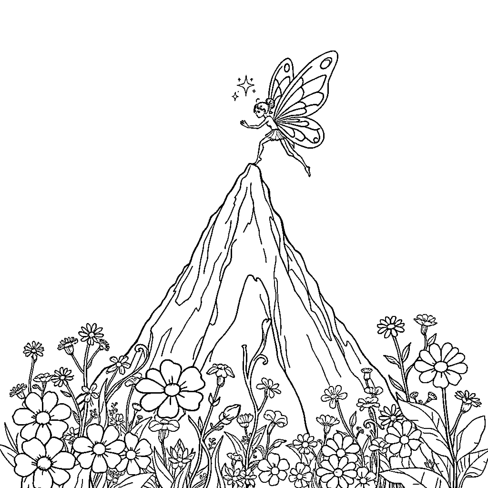 Fairy flying above a floral meadow Coloring Page (free black-and-white line drawing printable PDF for all, from beginners to advanced learners, including children, teens, adults, and seniors)
