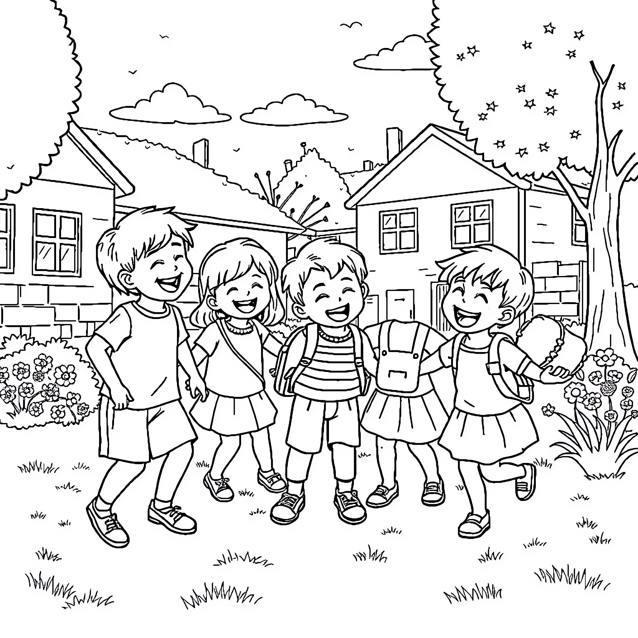 Child friends playing outdoors in neighborhood Coloring Page (free black-and-white line drawing printable PDF for all, from beginners to advanced learners, including children, teens, adults, and seniors)