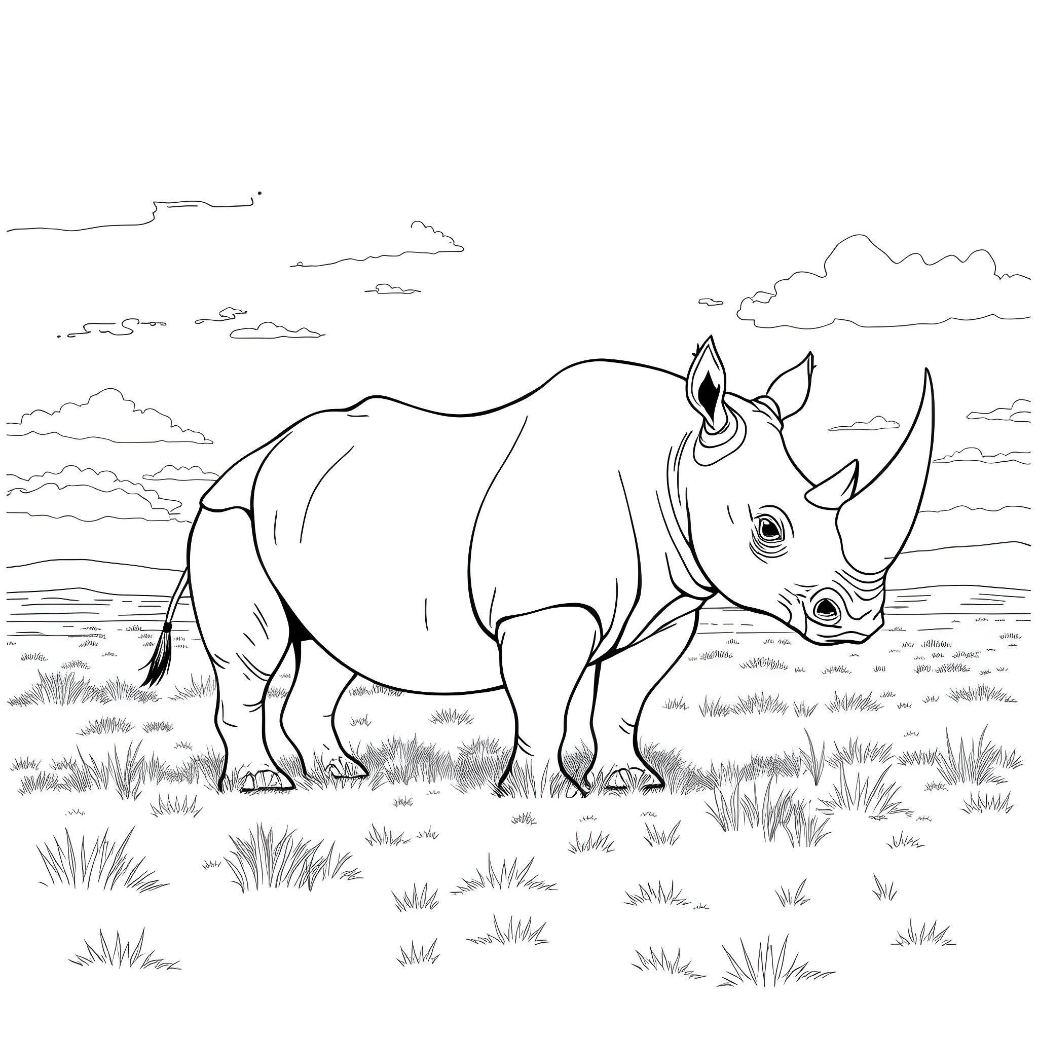 Rhinoceros standing in grassy landscape Coloring Page (free black-and-white line drawing printable PDF for all, from beginners to advanced learners, including children, teens, adults, and seniors)