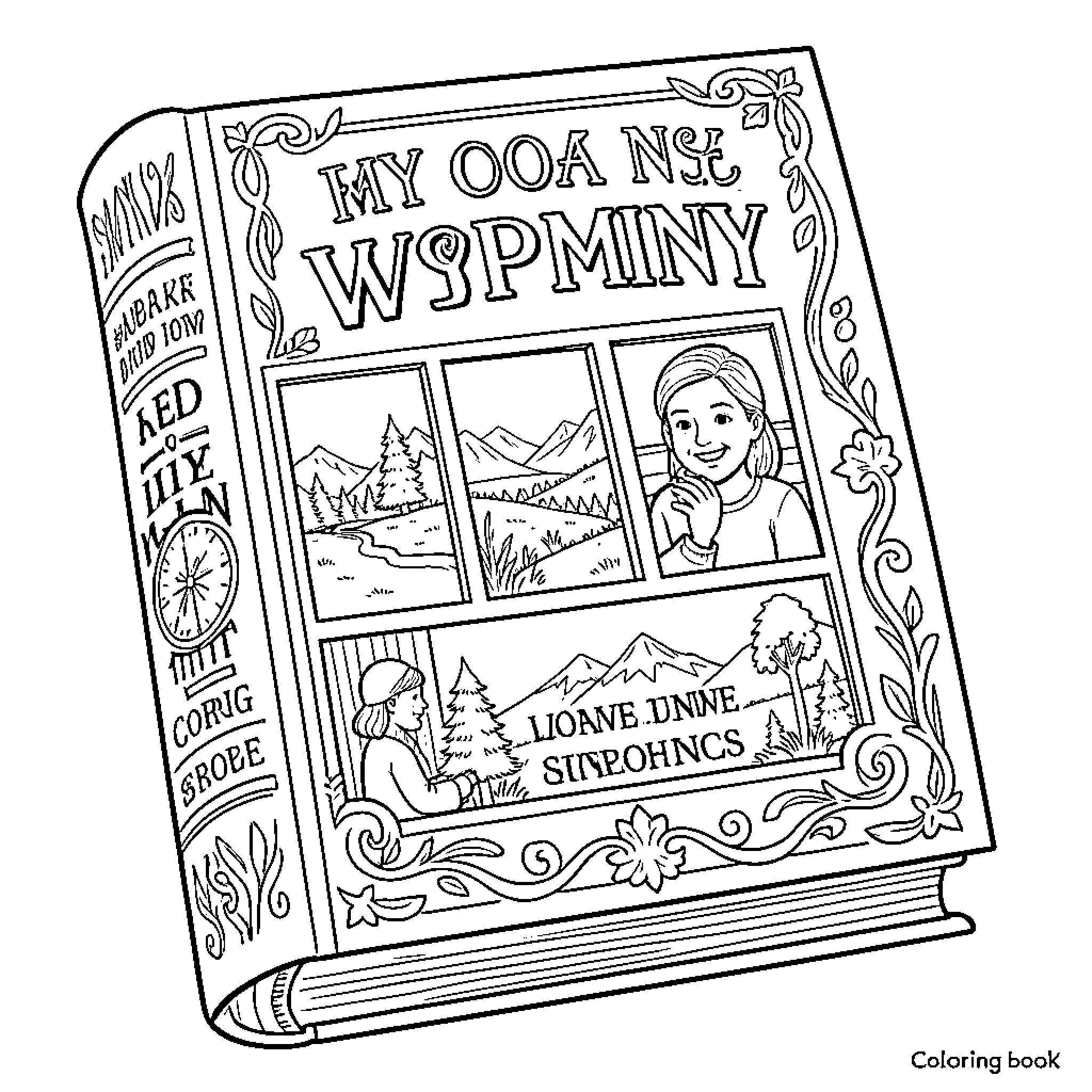 Book depicting scenes of adventure in the wilderness Coloring Page (free black-and-white line drawing printable PDF for all, from beginners to advanced learners, including children, teens, adults, and seniors)