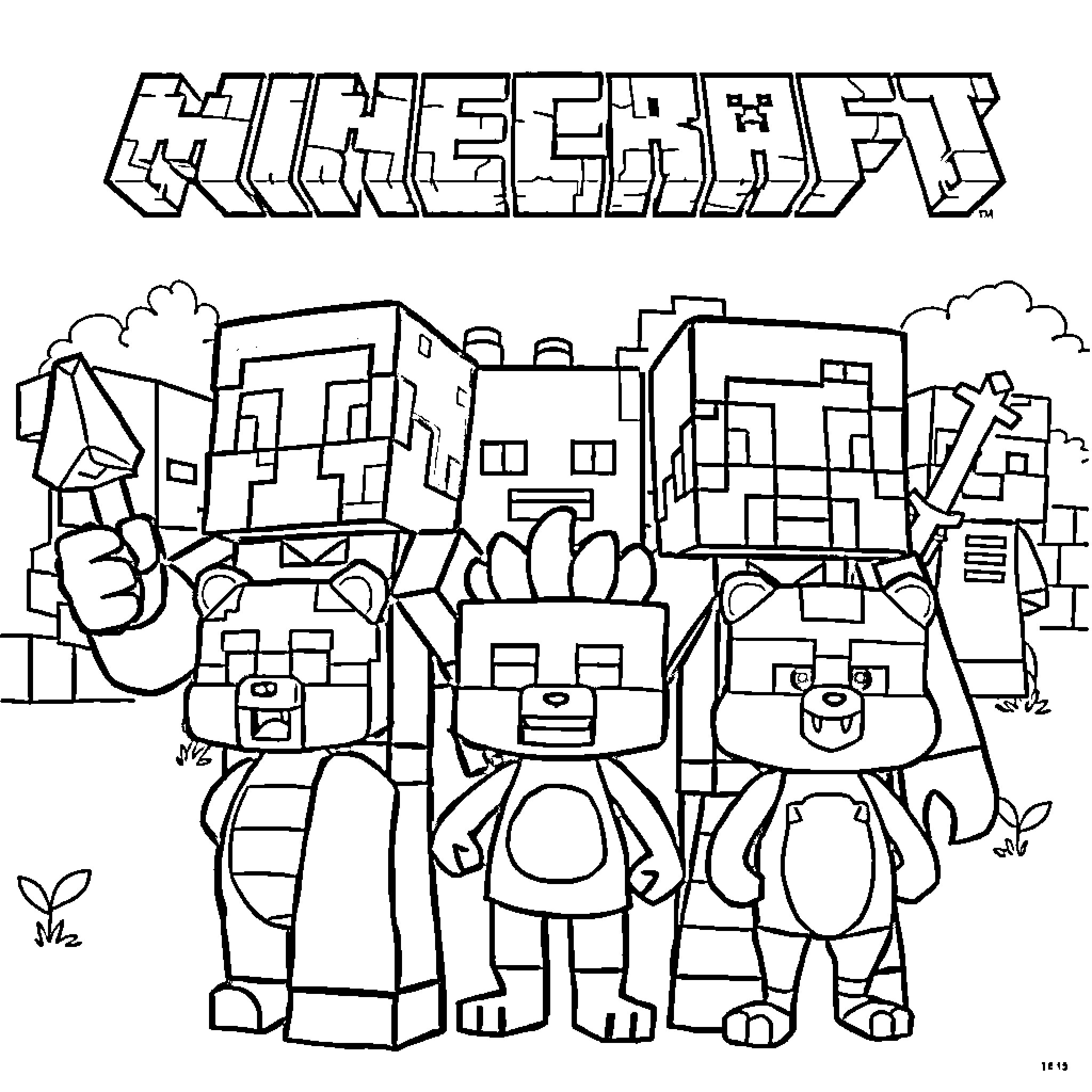 Minecraft Characters Exploring the Blocky World Coloring Page (free black-and-white line drawing printable PDF for all, from beginners to advanced learners, including children, teens, adults, and seniors)