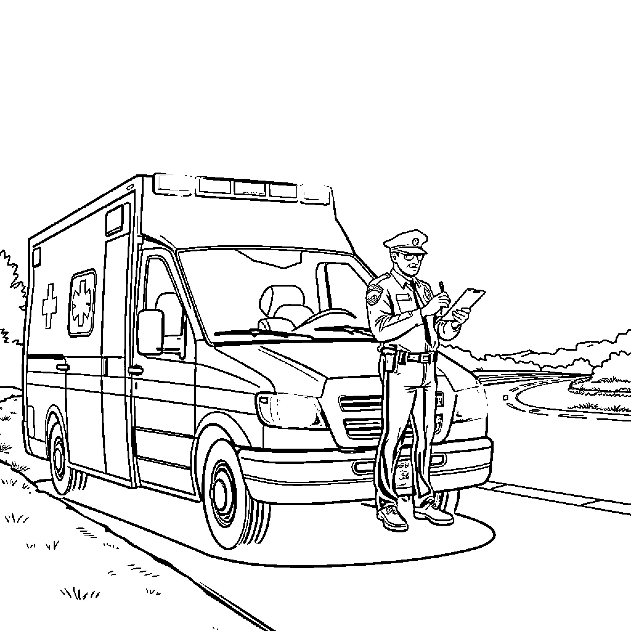 Ambulance officer assisting with medical emergency Coloring Page (free black-and-white line drawing printable PDF for all, from beginners to advanced learners, including children, teens, adults, and seniors)