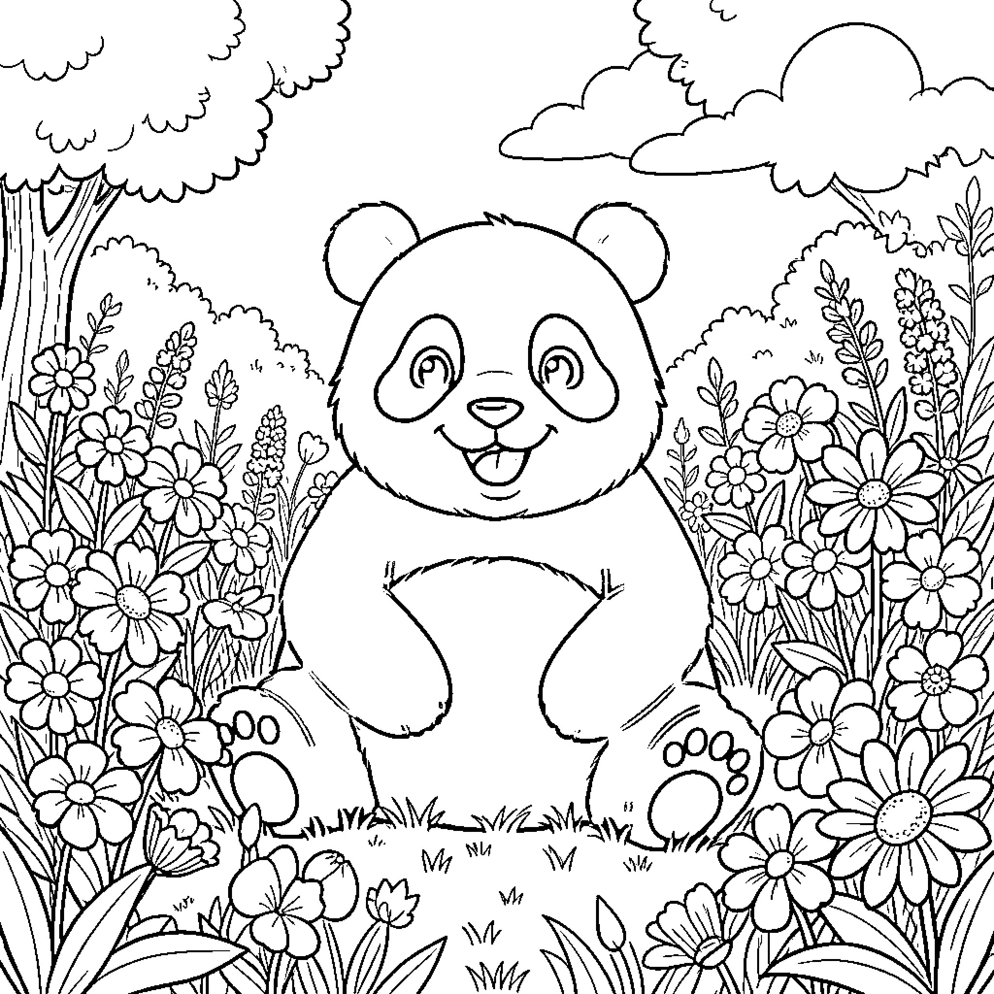 Panda sitting among vibrant flowers Coloring Page (free black-and-white line drawing printable PDF for all, from beginners to advanced learners, including children, teens, adults, and seniors)