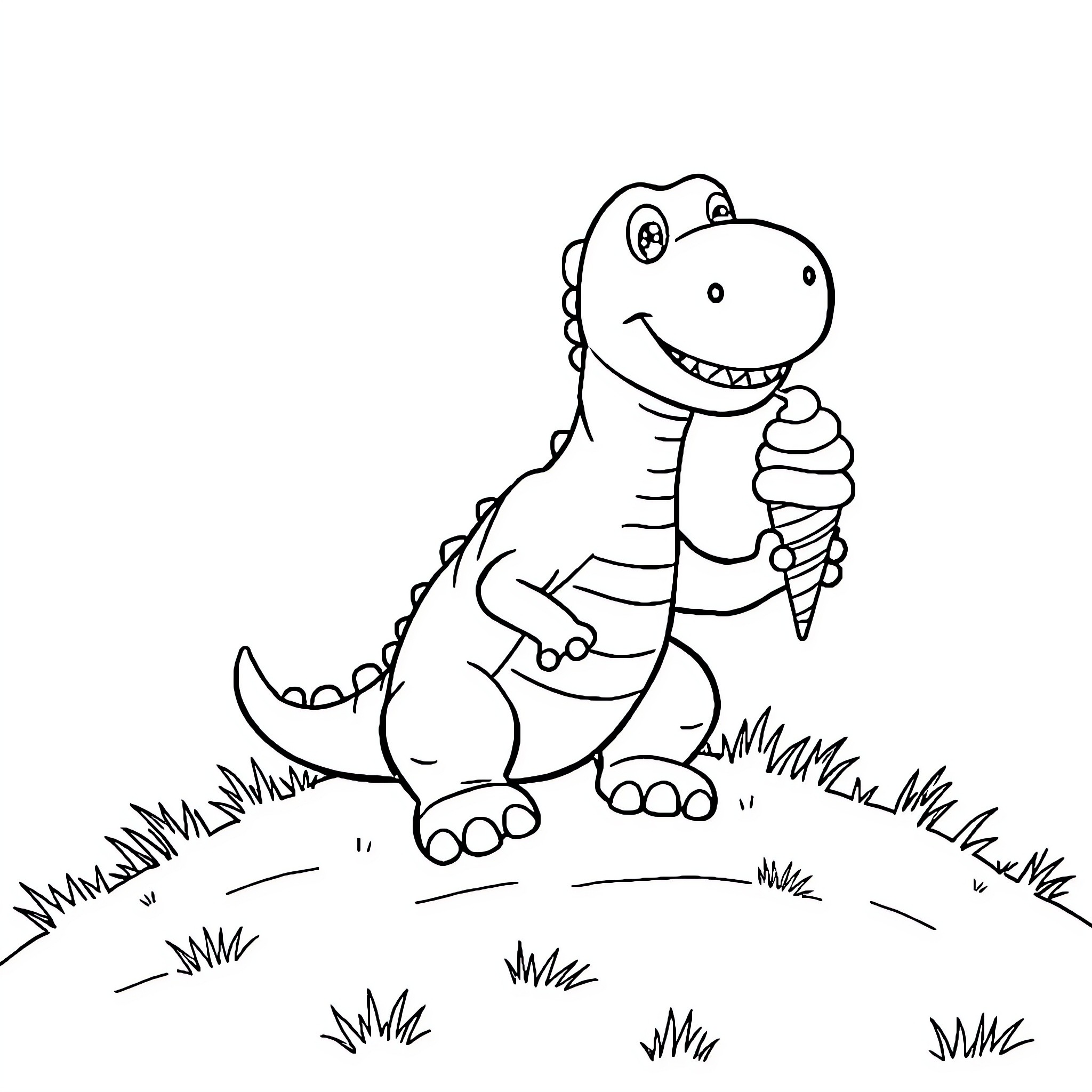 Dinosaur enjoying an ice cream cone in the meadow Coloring Page (free black-and-white line drawing printable PDF for all, from beginners to advanced learners, including children, teens, adults, and seniors)