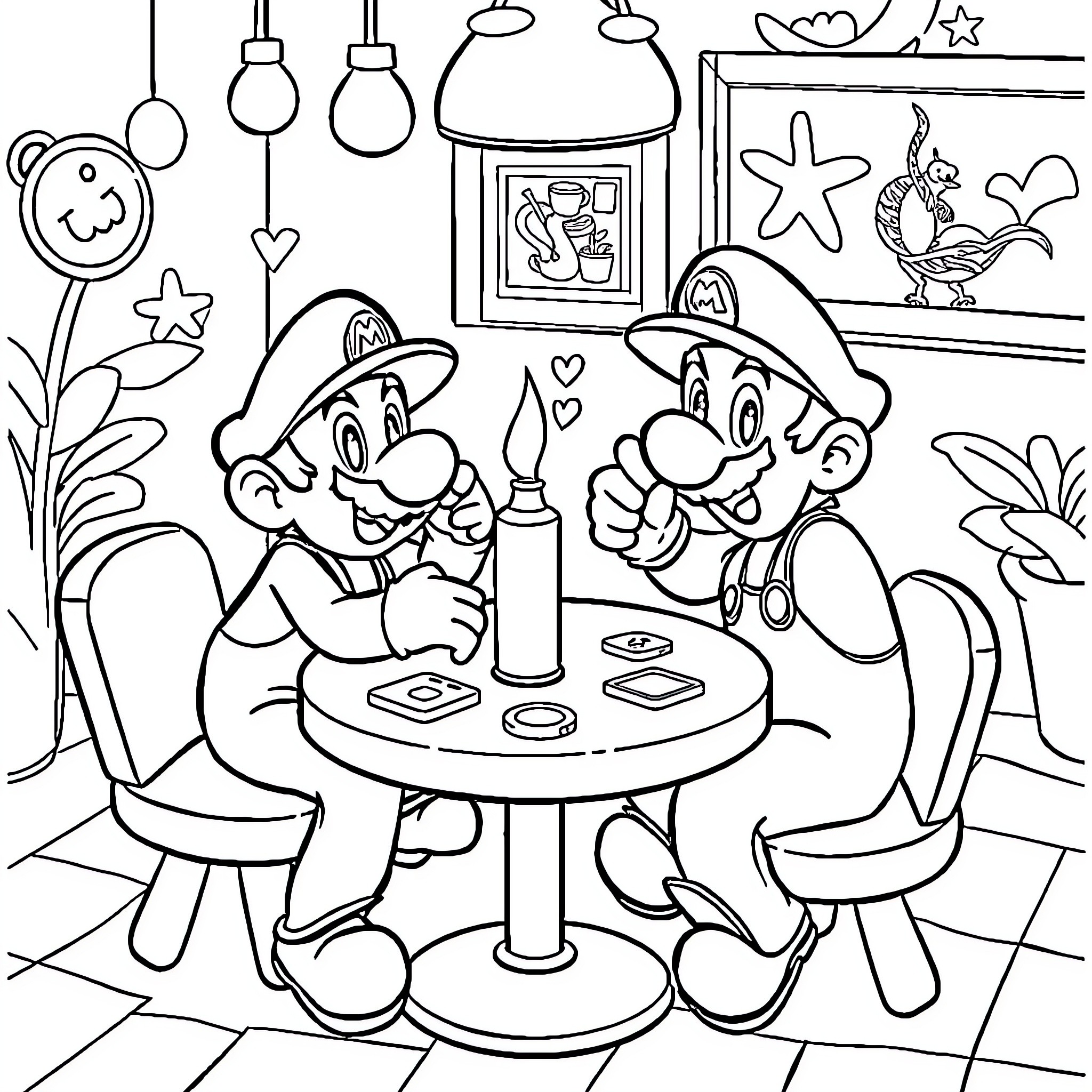 Mario and Luigi Enjoying Drinks Together Coloring Page (free black-and-white line drawing printable PDF for all, from beginners to advanced learners, including children, teens, adults, and seniors)