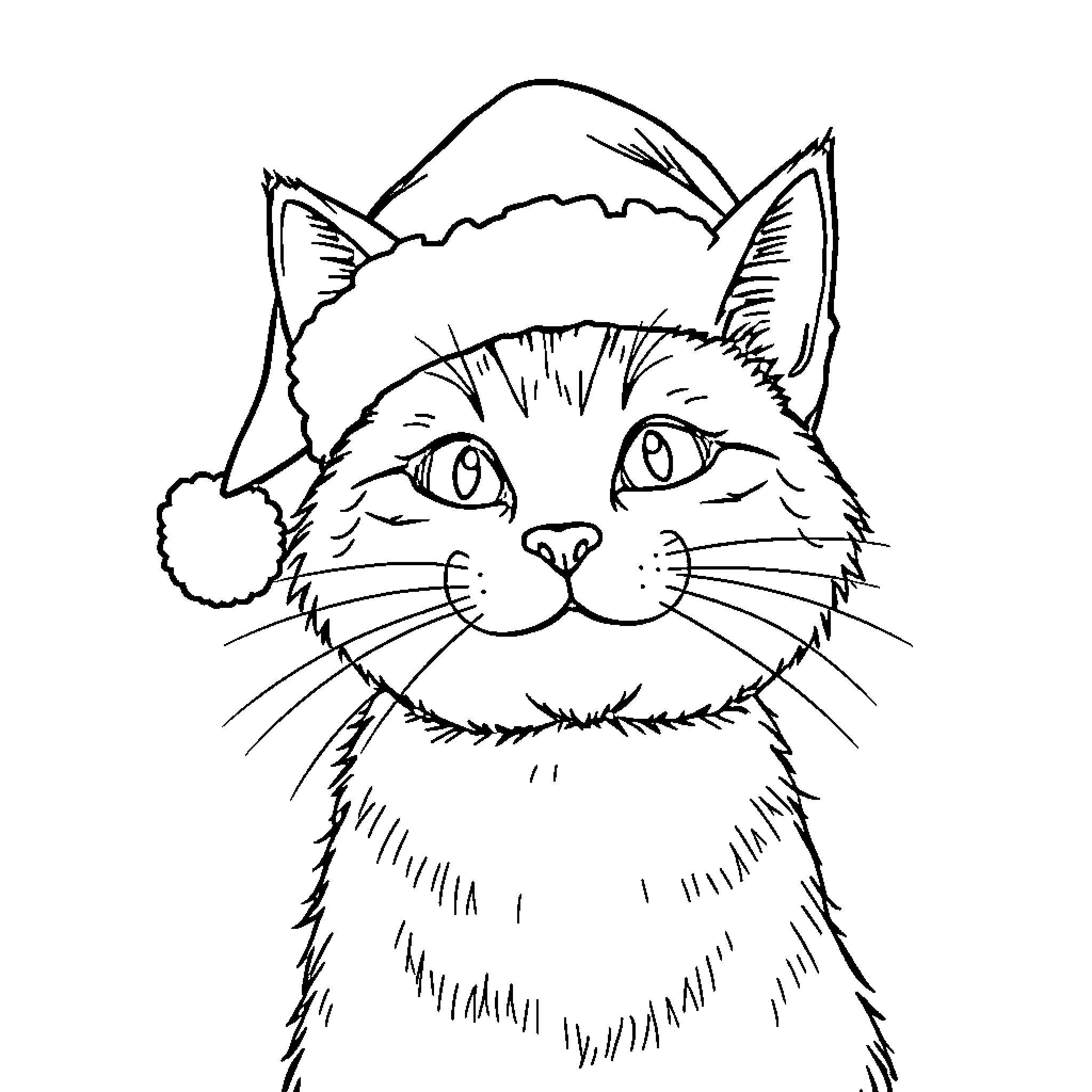 Cat in Santa Hat Coloring Page (free black-and-white line drawing printable PDF for all, from beginners to advanced learners, including children, teens, adults, and seniors)