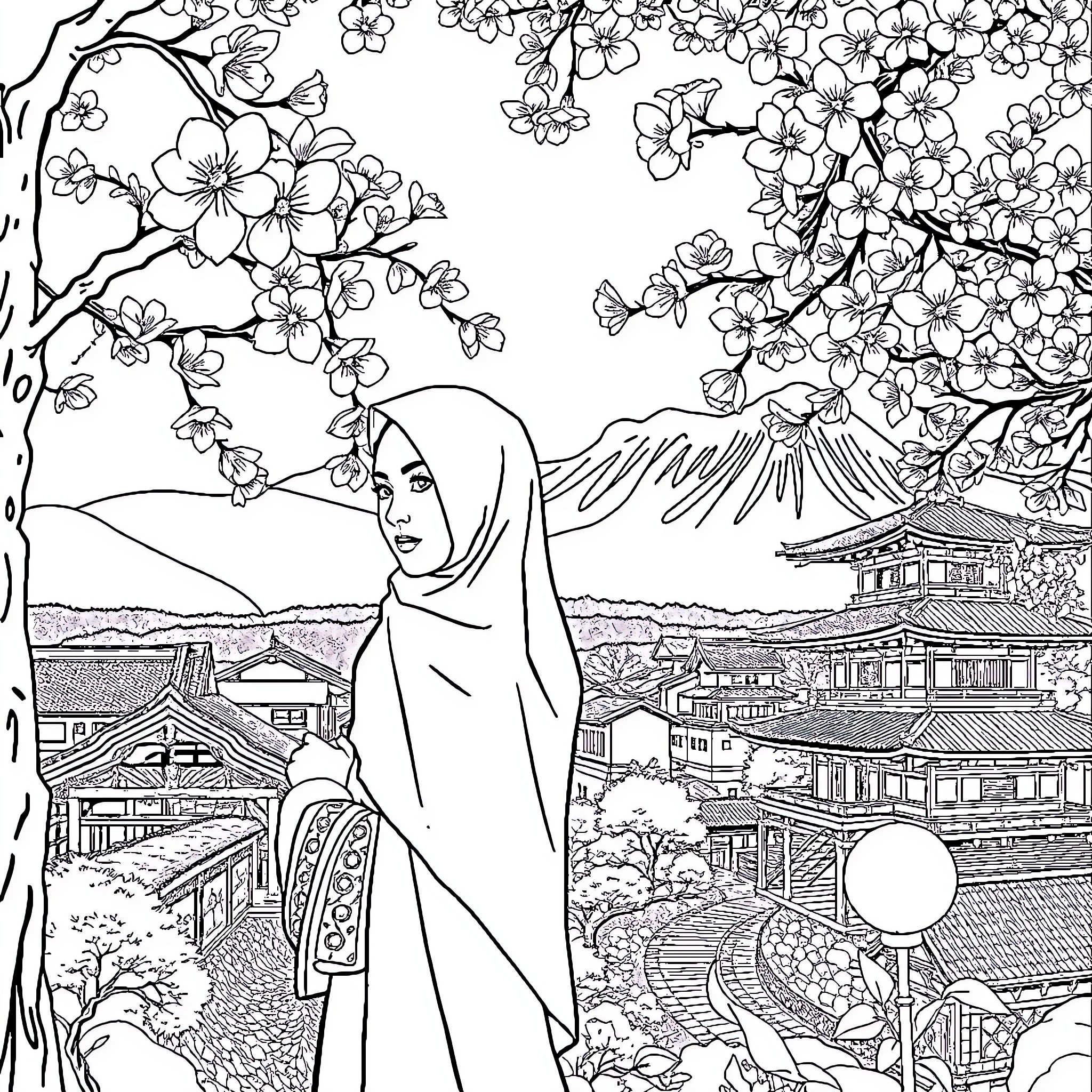 Woman in traditional dress admiring scenic Japanese landscape Coloring Page (free black-and-white line drawing printable PDF for all, from beginners to advanced learners, including children, teens, adults, and seniors)