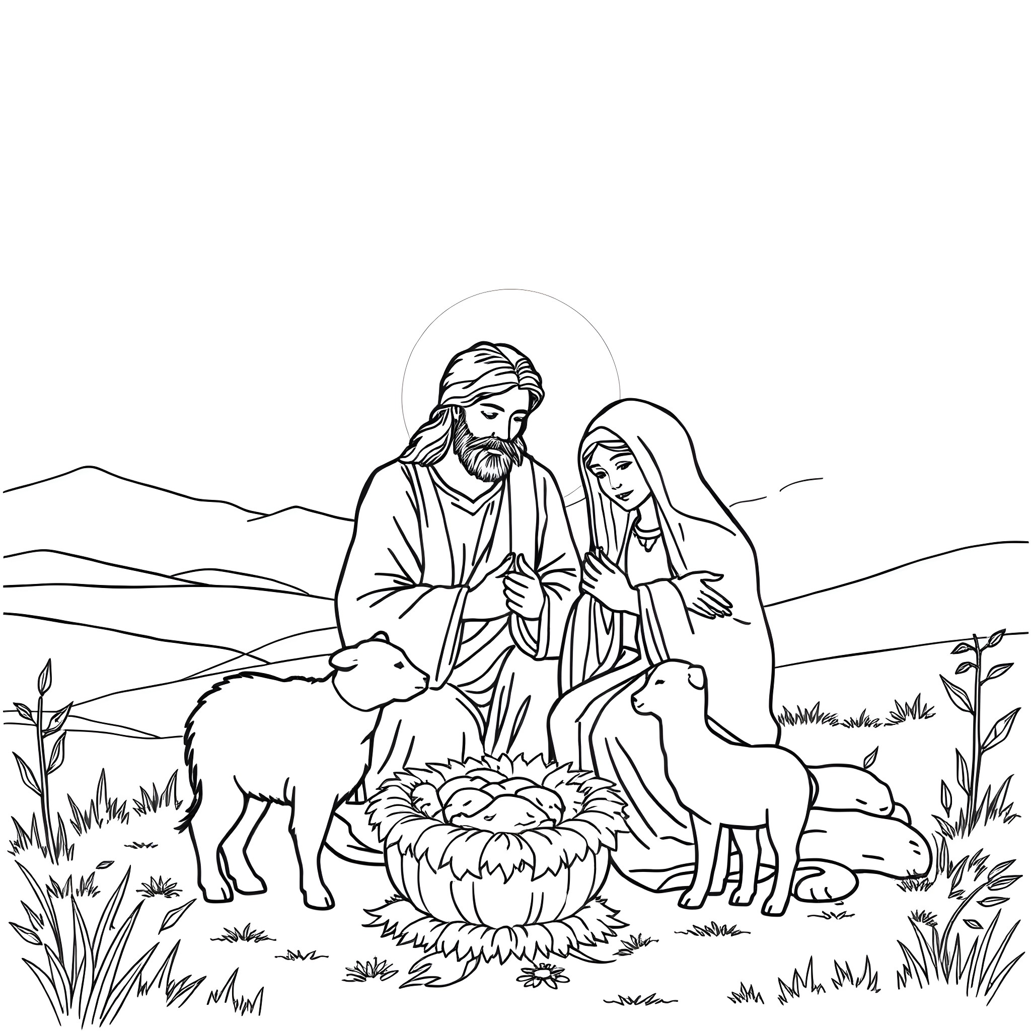Jesus Mary Joseph Caring for Newborn in Humble Surroundings Coloring Page (free black-and-white line drawing printable PDF for all, from beginners to advanced learners, including children, teens, adults, and seniors)