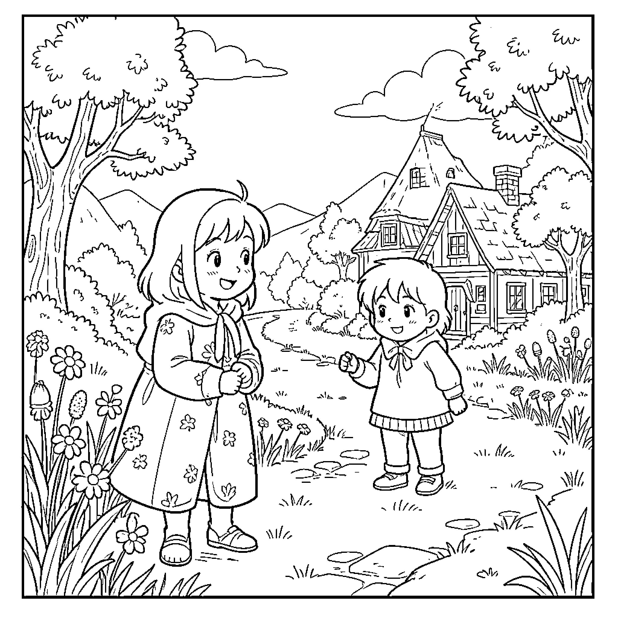 Hayao Miyazaki style two girls walking in a village Coloring Page (free black-and-white line drawing printable PDF for all, from beginners to advanced learners, including children, teens, adults, and seniors)
