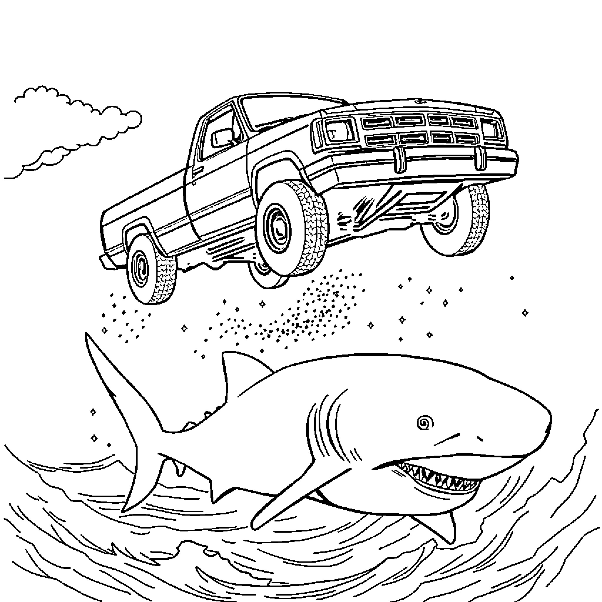 Dodge Dakota off-road adventure with shark encounter Coloring Page (free black-and-white line drawing printable PDF for all, from beginners to advanced learners, including children, teens, adults, and seniors)