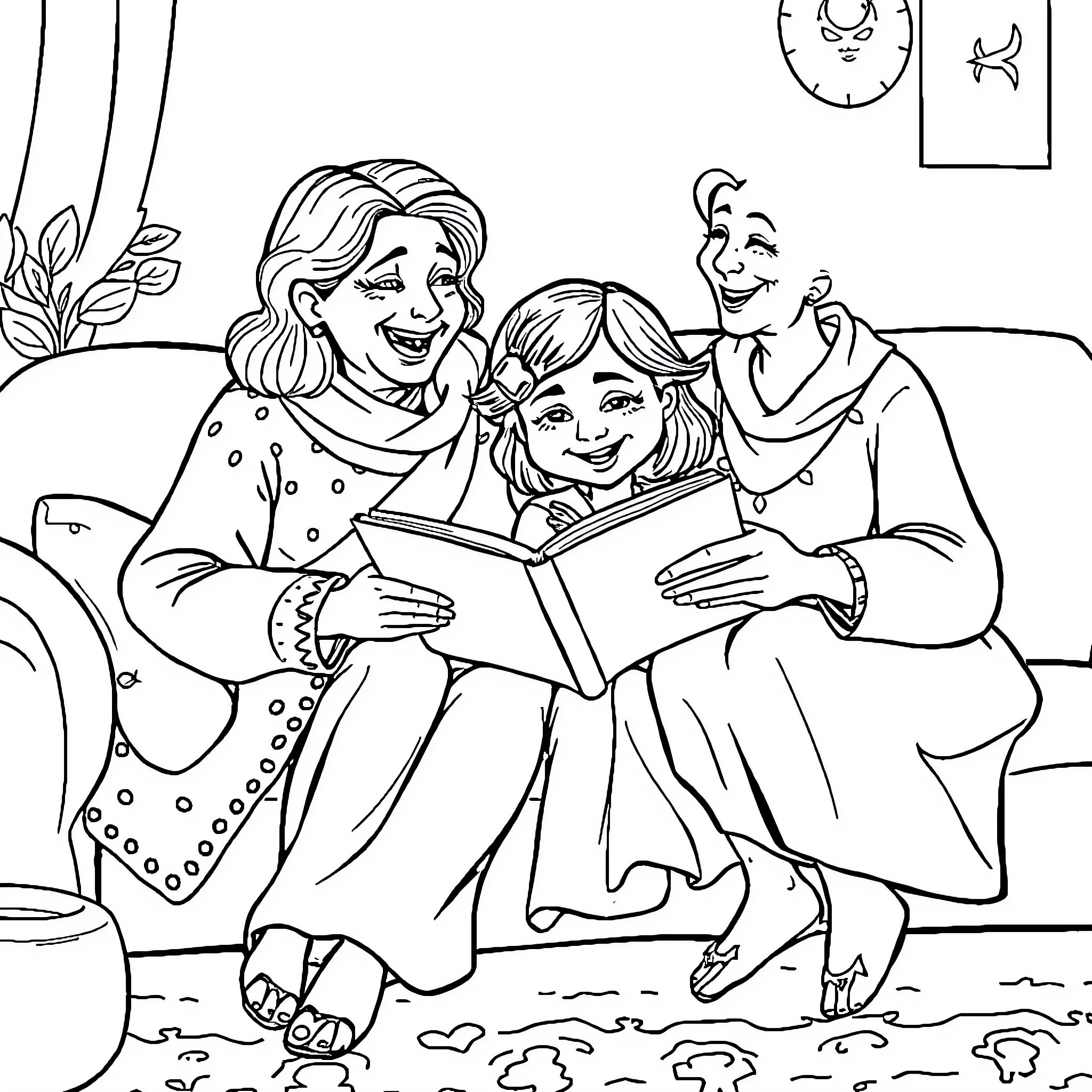 Raven family sharing a cozy moment reading together Coloring Page (free black-and-white line drawing printable PDF for all, from beginners to advanced learners, including children, teens, adults, and seniors)