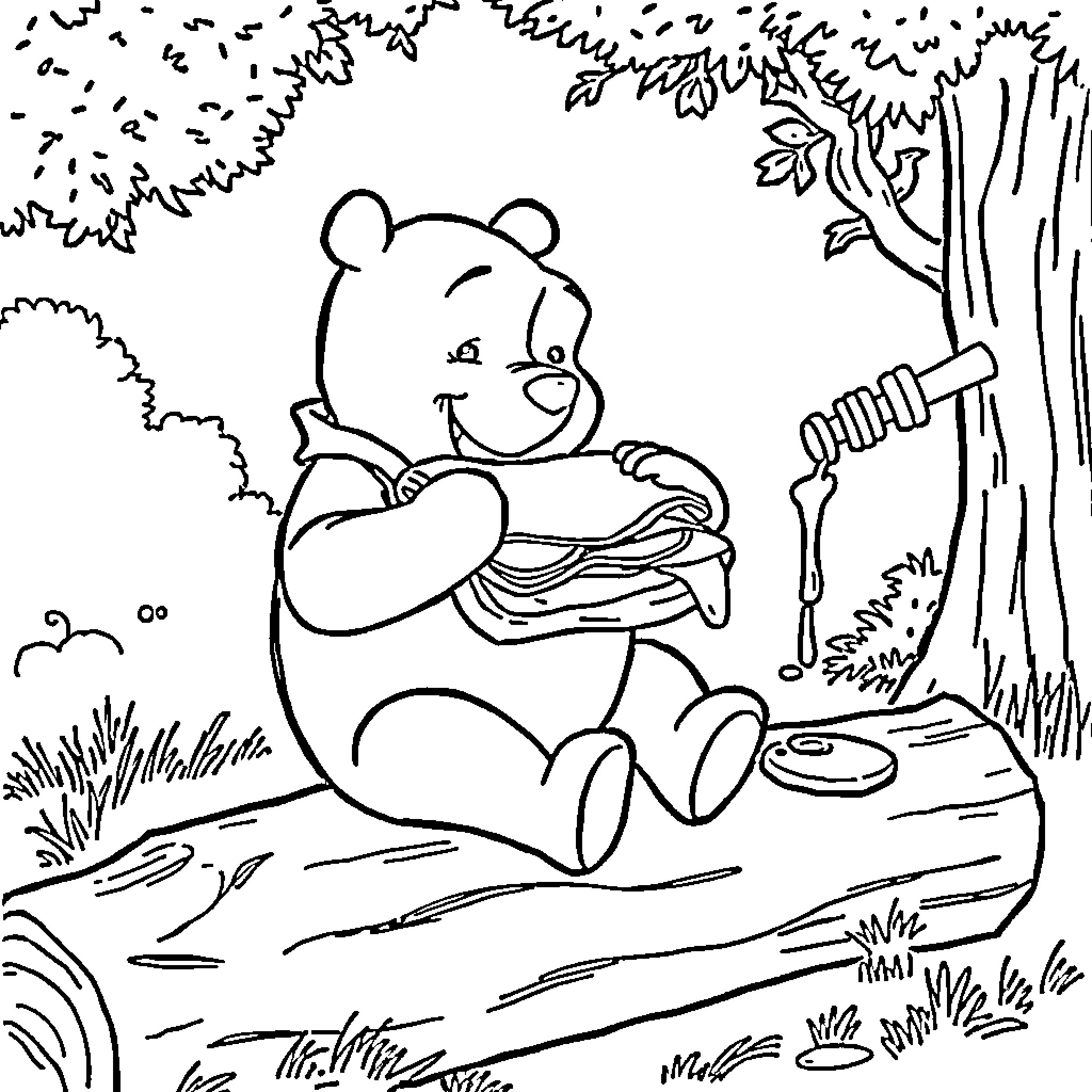 Winnie The Pooh enjoying a picnic in the forest Coloring Page (free black-and-white line drawing printable PDF for all, from beginners to advanced learners, including children, teens, adults, and seniors)