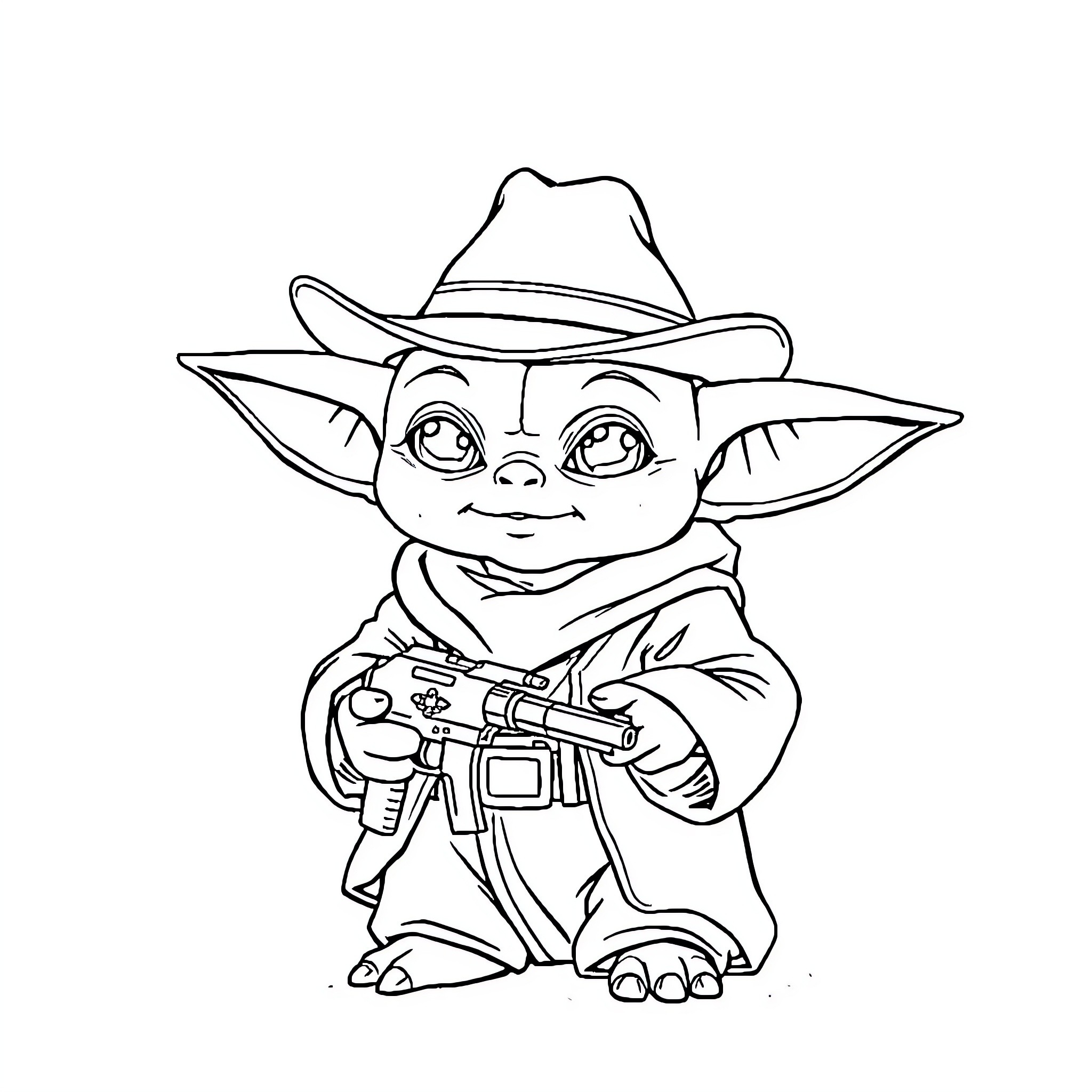 Baby Yoda Wearing Cowboy Hat and Holding Blaster Coloring Page (free black-and-white line drawing printable PDF for all, from beginners to advanced learners, including children, teens, adults, and seniors)