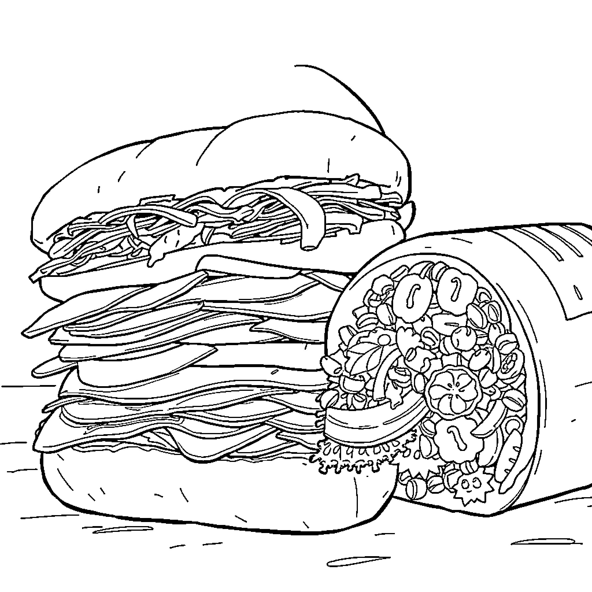 Sub Delightful Sandwich Feast Coloring Page (free black-and-white line drawing printable PDF for all, from beginners to advanced learners, including children, teens, adults, and seniors)