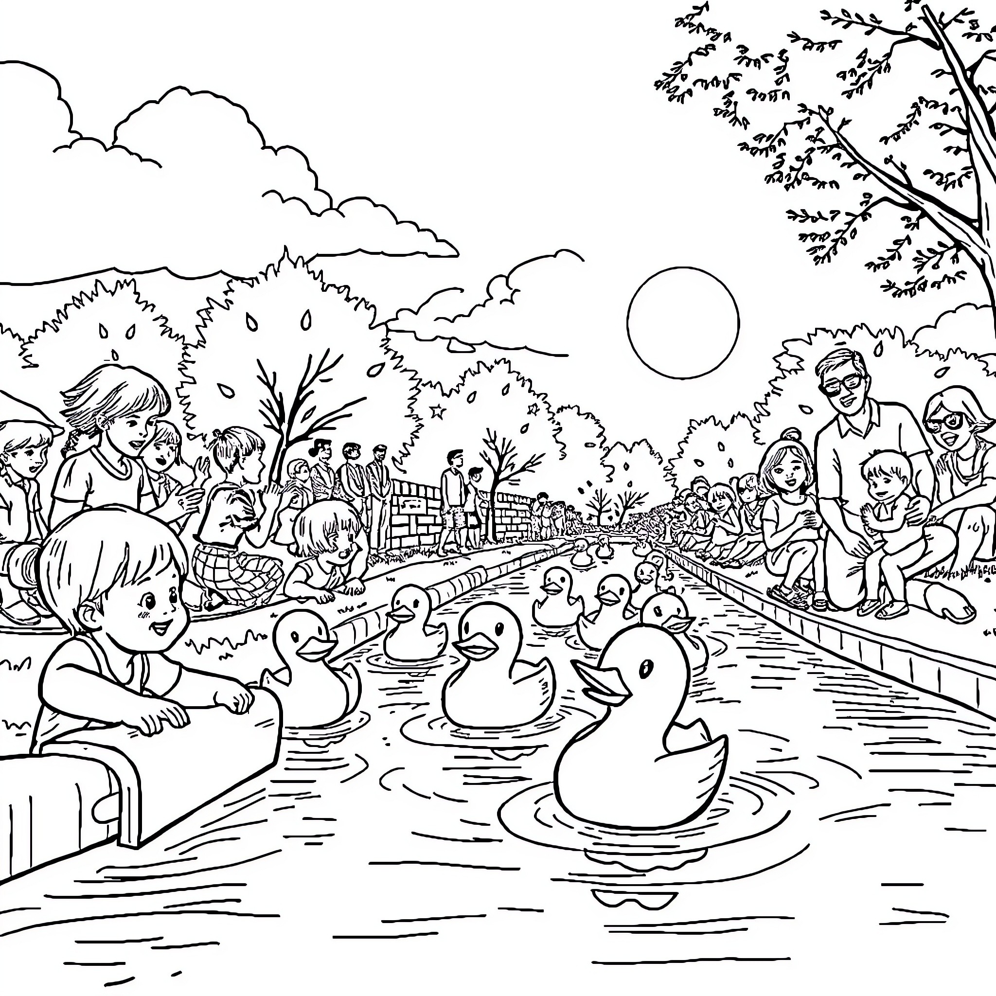 Duck family swimming in peaceful park Coloring Page (free black-and-white line drawing printable PDF for all, from beginners to advanced learners, including children, teens, adults, and seniors)