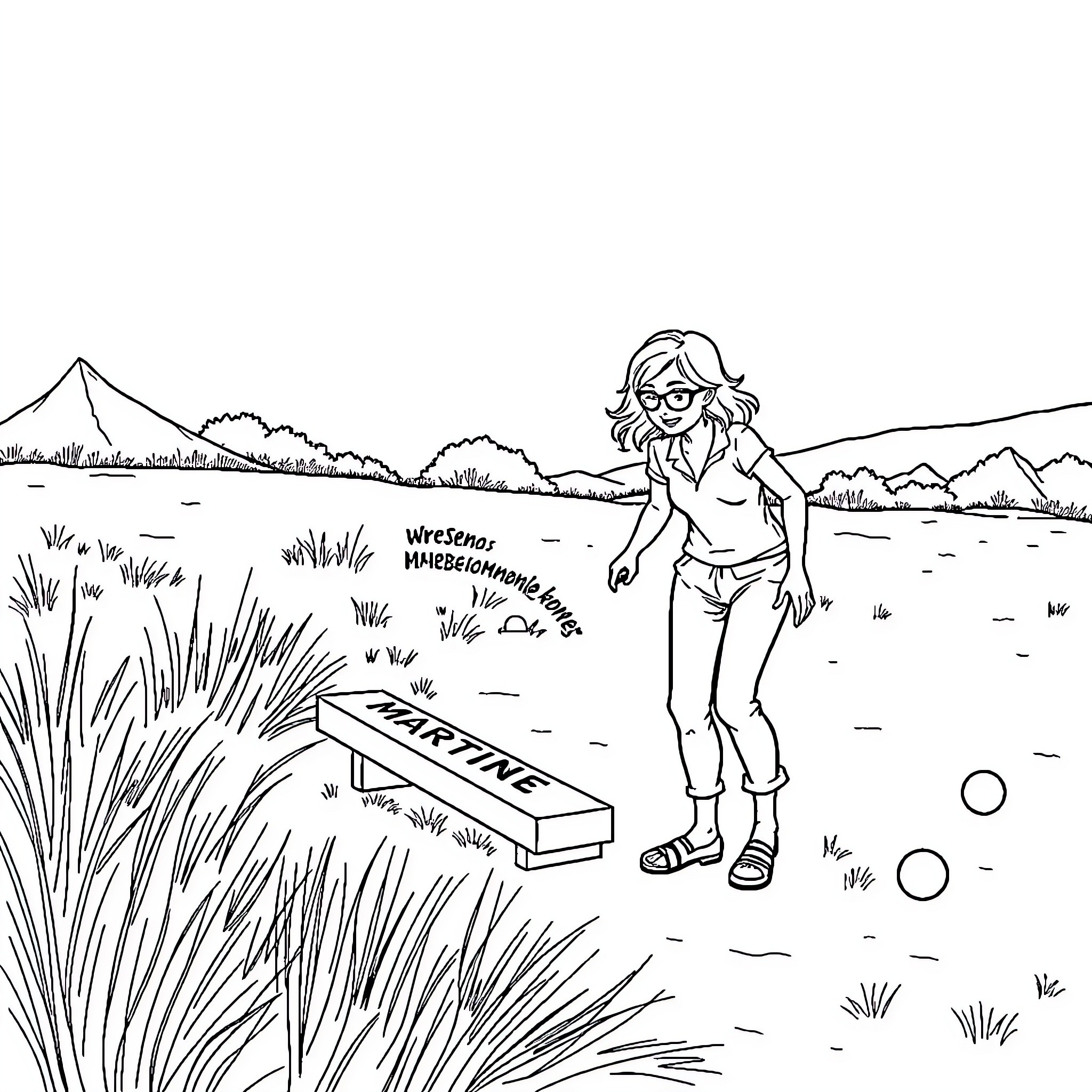 Martine enjoying outdoor activities on the field Coloring Page (free black-and-white line drawing printable PDF for all, from beginners to advanced learners, including children, teens, adults, and seniors)