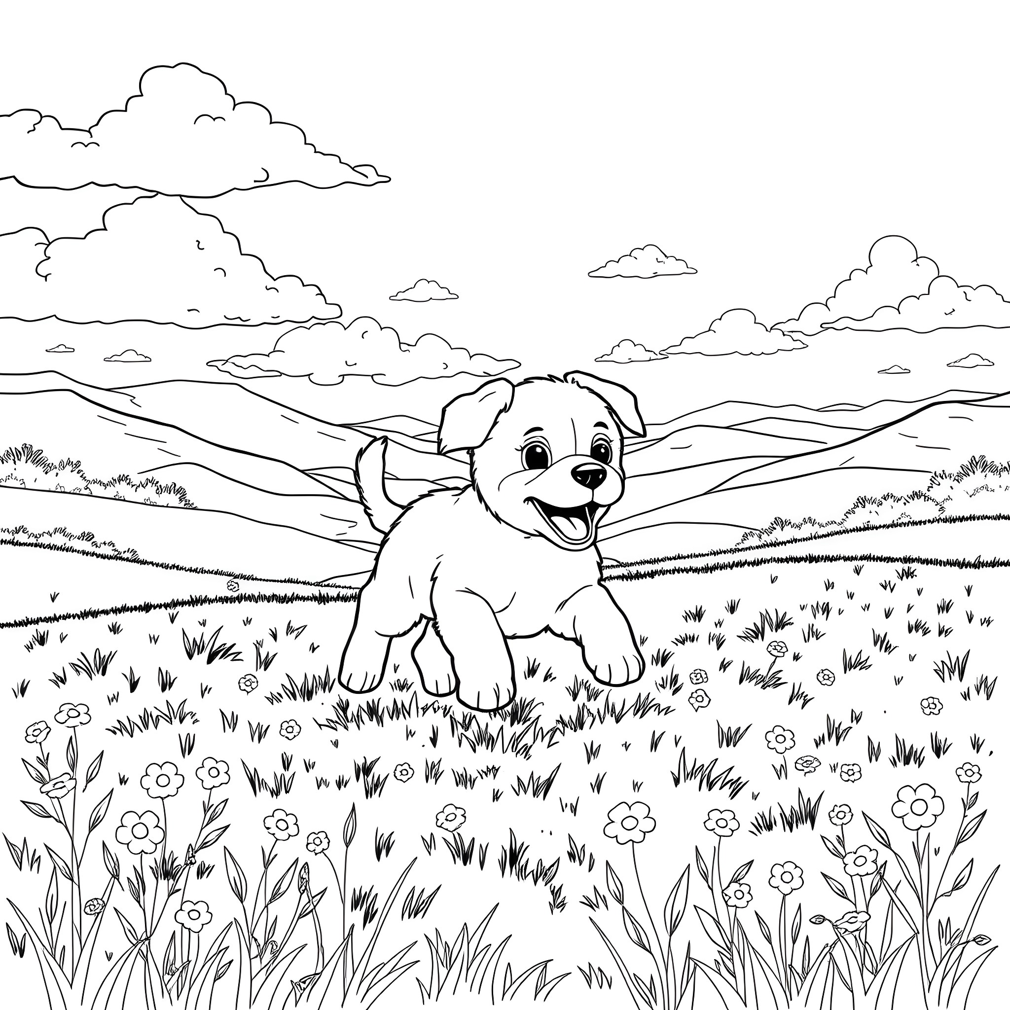 Puppy exploring a peaceful meadow Coloring Page (free black-and-white line drawing printable PDF for all, from beginners to advanced learners, including children, teens, adults, and seniors)