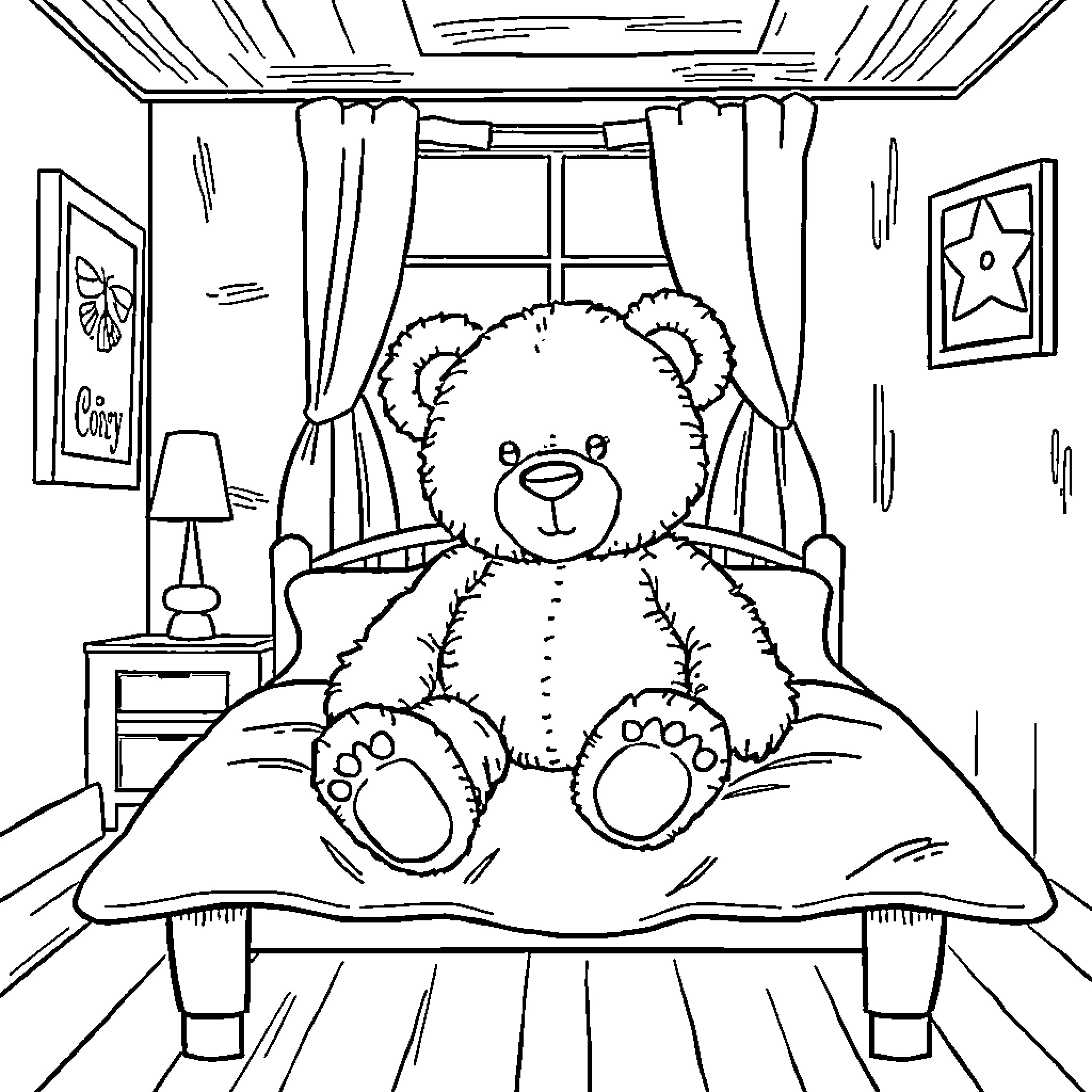 Teddy bear relaxing on the bed in cozy bedroom Coloring Page (free black-and-white line drawing printable PDF for all, from beginners to advanced learners, including children, teens, adults, and seniors)