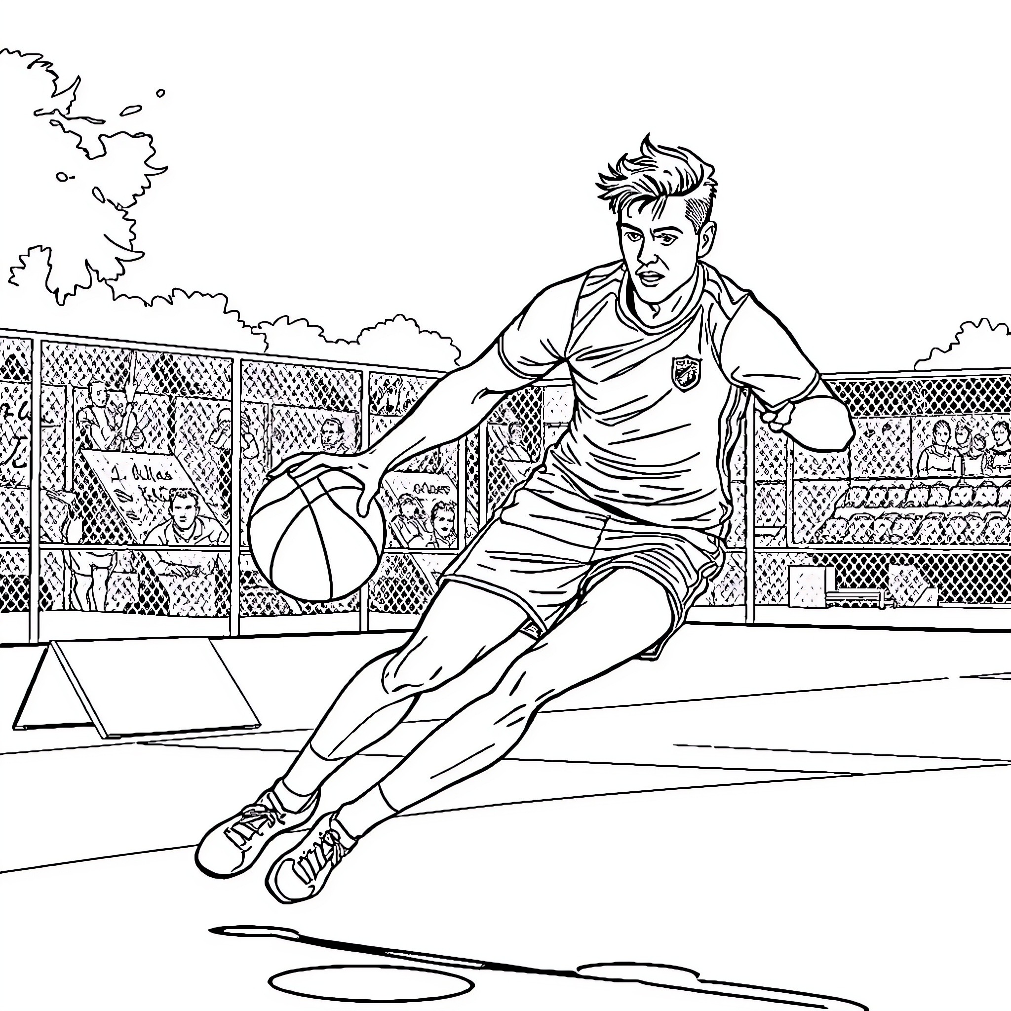Antoine Dupont playing basketball on the court Coloring Page (free black-and-white line drawing printable PDF for all, from beginners to advanced learners, including children, teens, adults, and seniors)