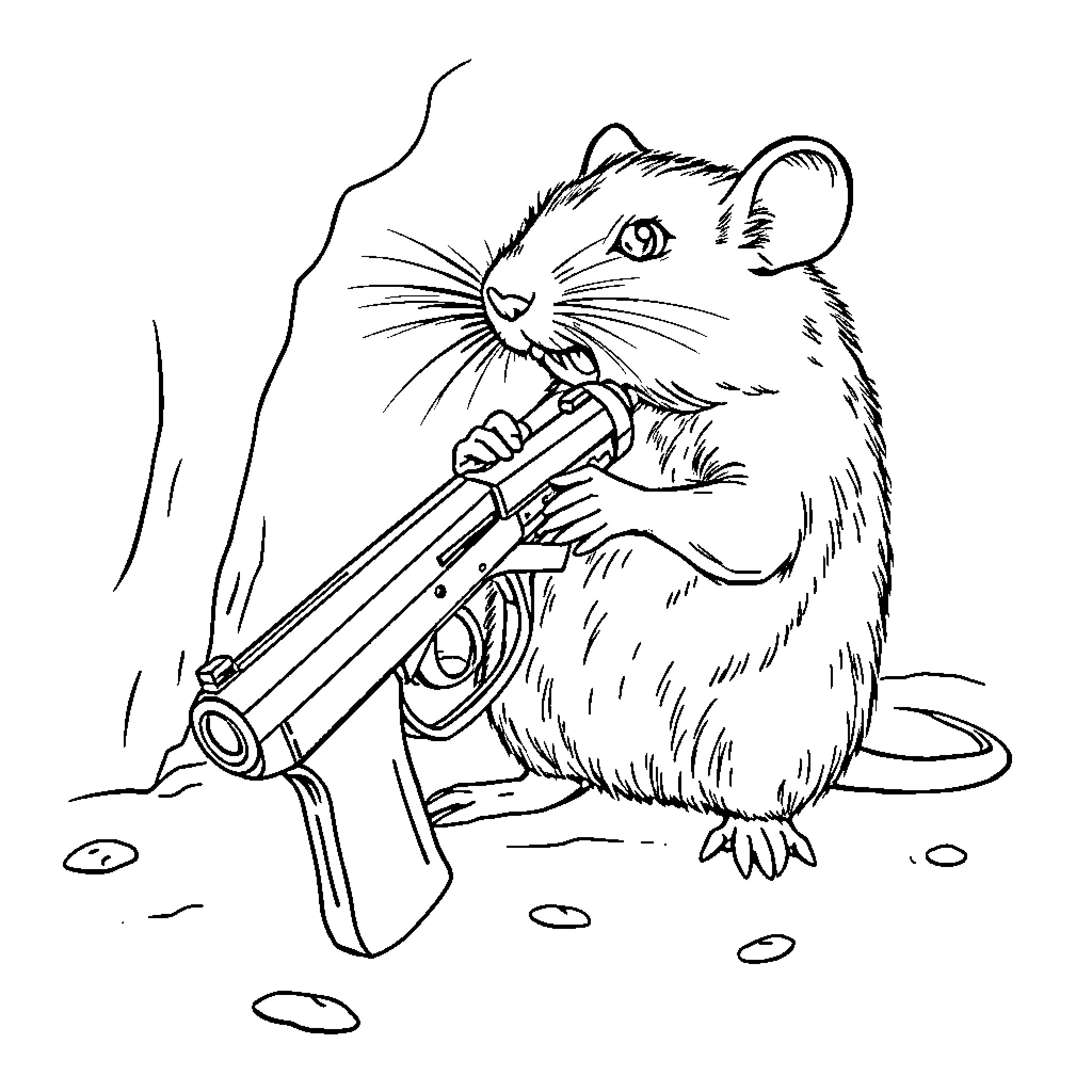 Mouse wielding a small firearm Coloring Page (free black-and-white line drawing printable PDF for all, from beginners to advanced learners, including children, teens, adults, and seniors)