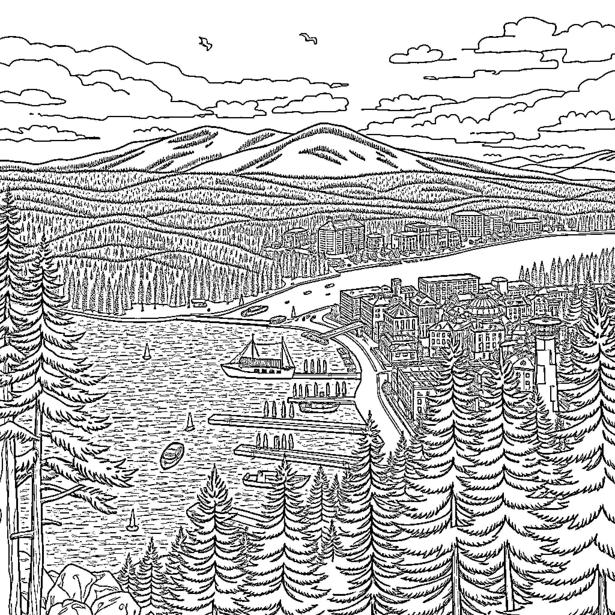 Marquette's Serene Waterfront Cityscape Coloring Page (free black-and-white line drawing printable PDF for all, from beginners to advanced learners, including children, teens, adults, and seniors)