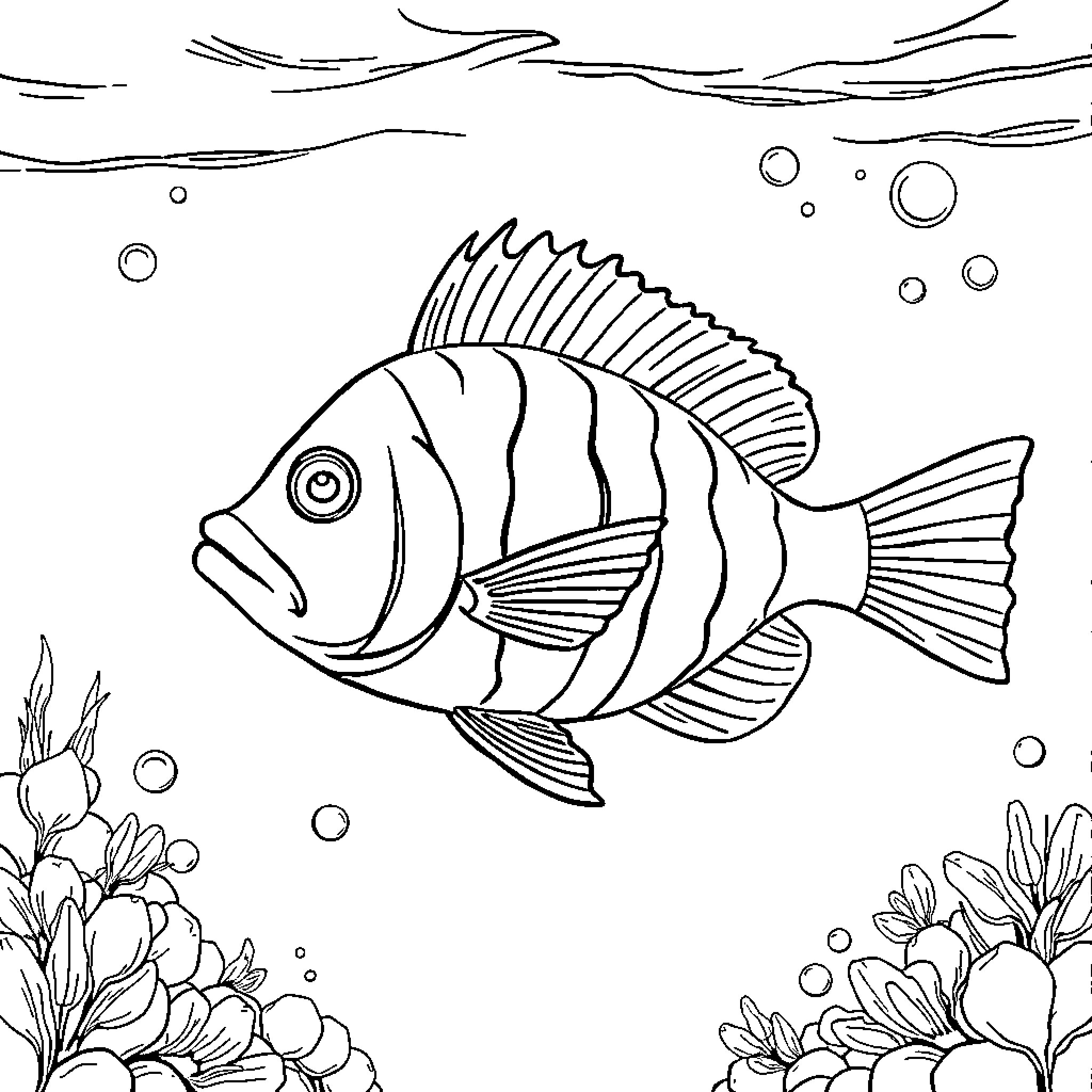 Pompano swimming in the underwater scene Coloring Page (free black-and-white line drawing printable PDF for all, from beginners to advanced learners, including children, teens, adults, and seniors)