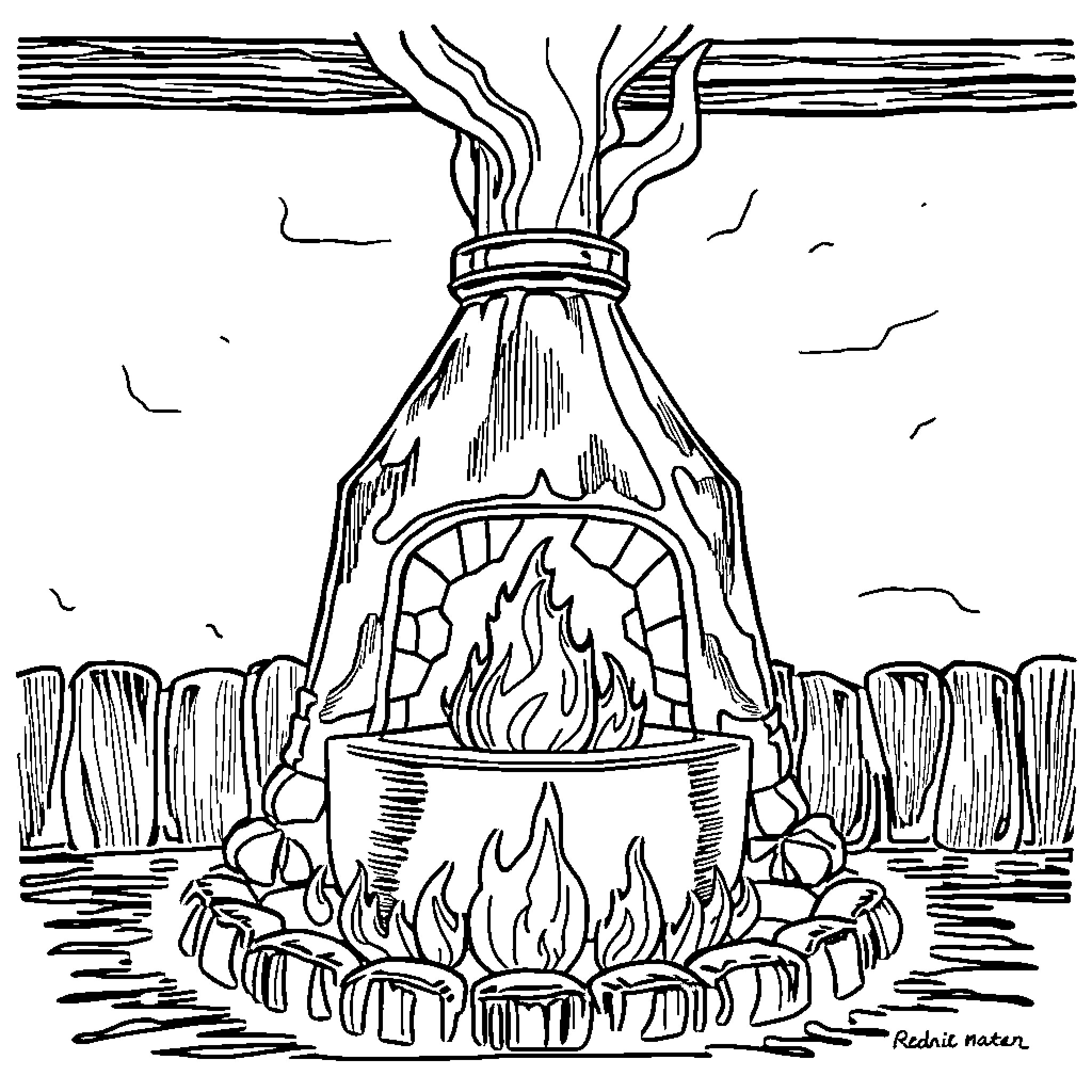 Cauldron Ablaze with Fiery Energy Coloring Page (free black-and-white line drawing printable PDF for all, from beginners to advanced learners, including children, teens, adults, and seniors)