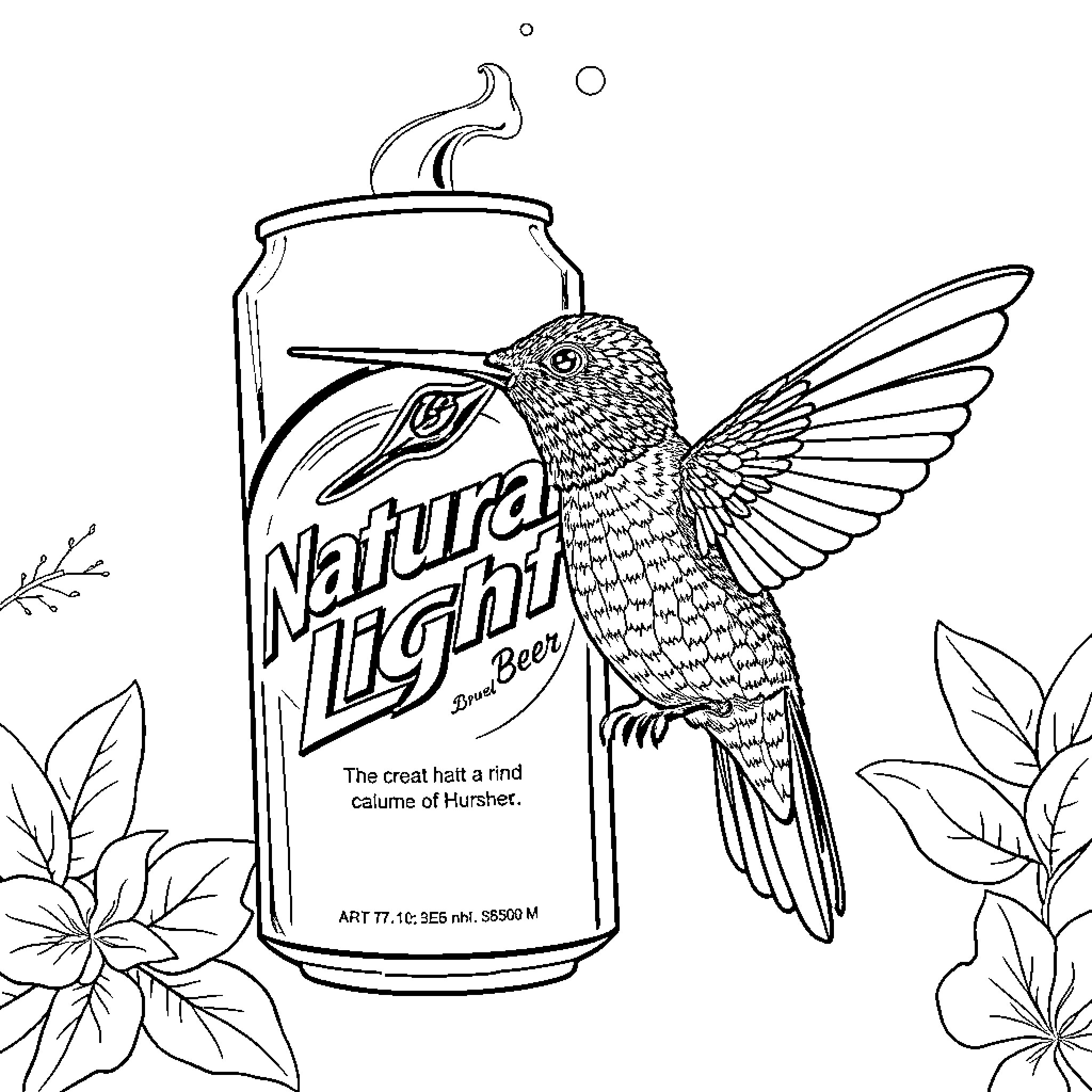 Hummingbird perches on a sparkling soda can Coloring Page (free black-and-white line drawing printable PDF for all, from beginners to advanced learners, including children, teens, adults, and seniors)