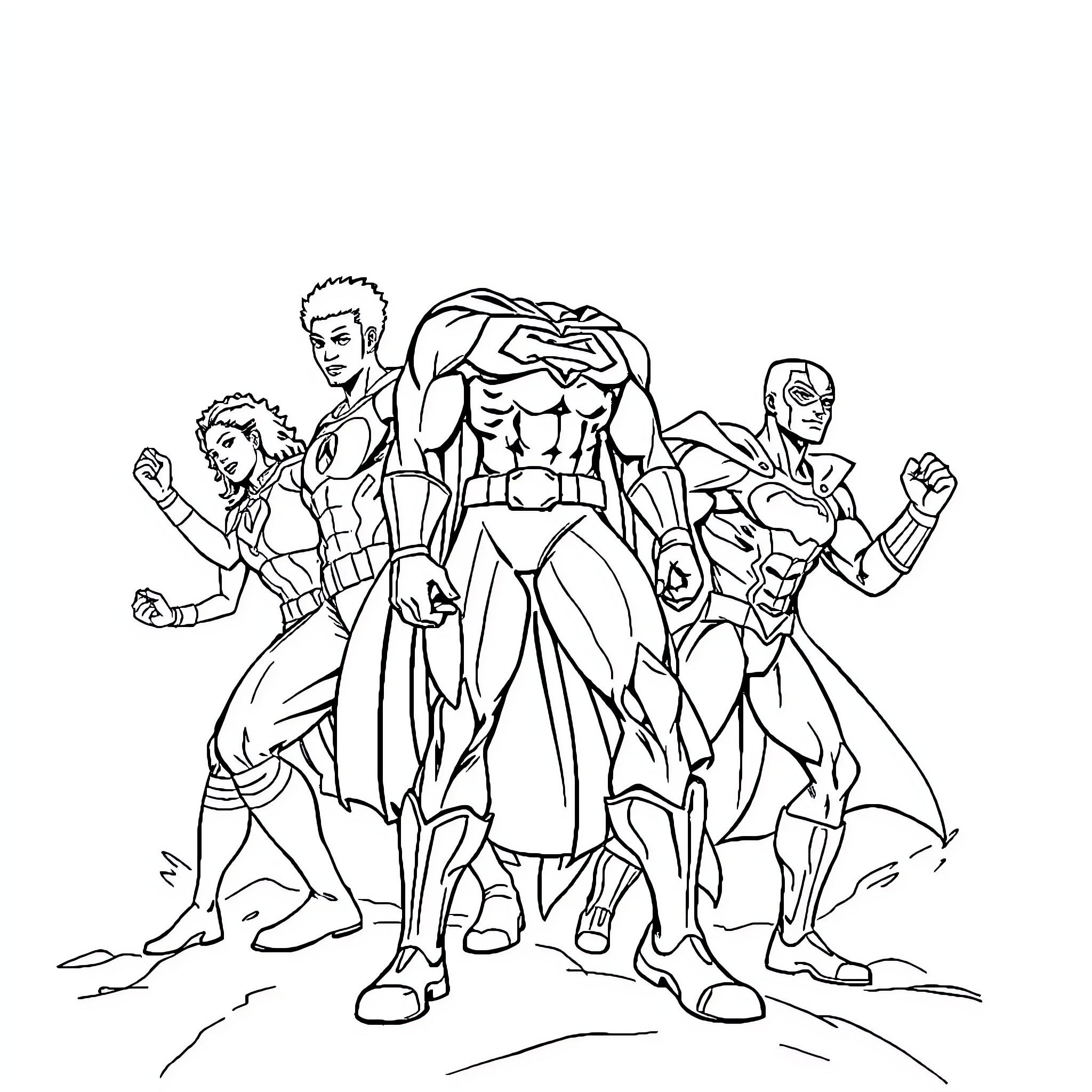 Superhero group posing heroically in battle formation Coloring Page (free black-and-white line drawing printable PDF for all, from beginners to advanced learners, including children, teens, adults, and seniors)