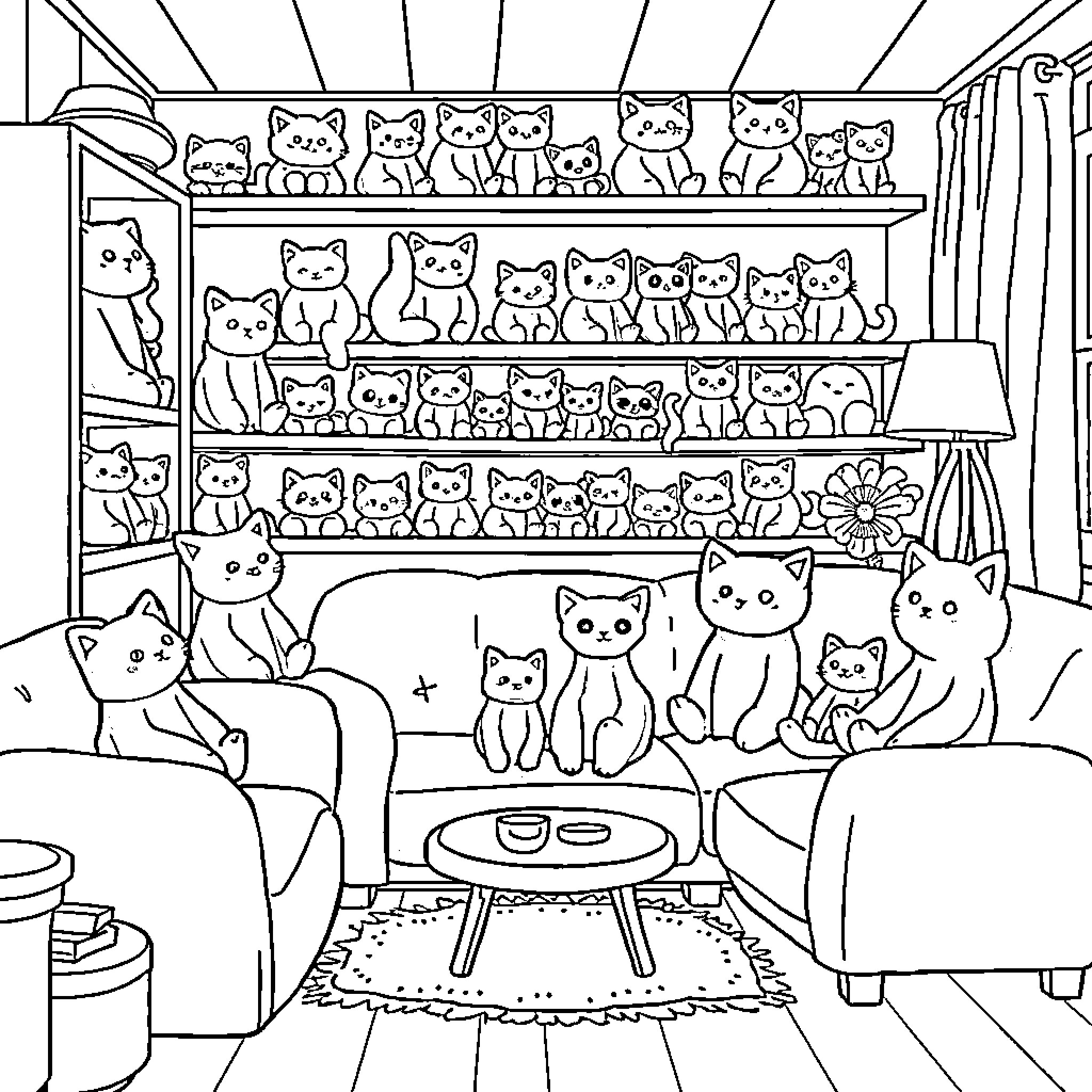 Cat Cafe with Numerous Feline Friends Coloring Page (free black-and-white line drawing printable PDF for all, from beginners to advanced learners, including children, teens, adults, and seniors)