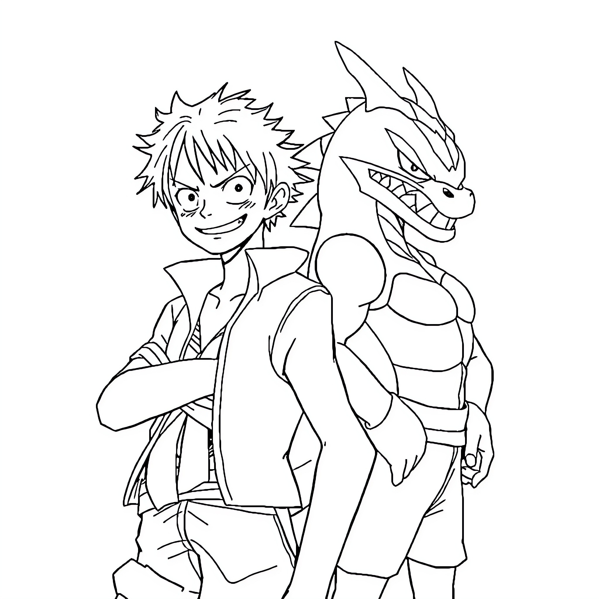 Luffy and Zoro - Anime characters in action pose Coloring Page (free black-and-white line drawing printable PDF for all, from beginners to advanced learners, including children, teens, adults, and seniors)
