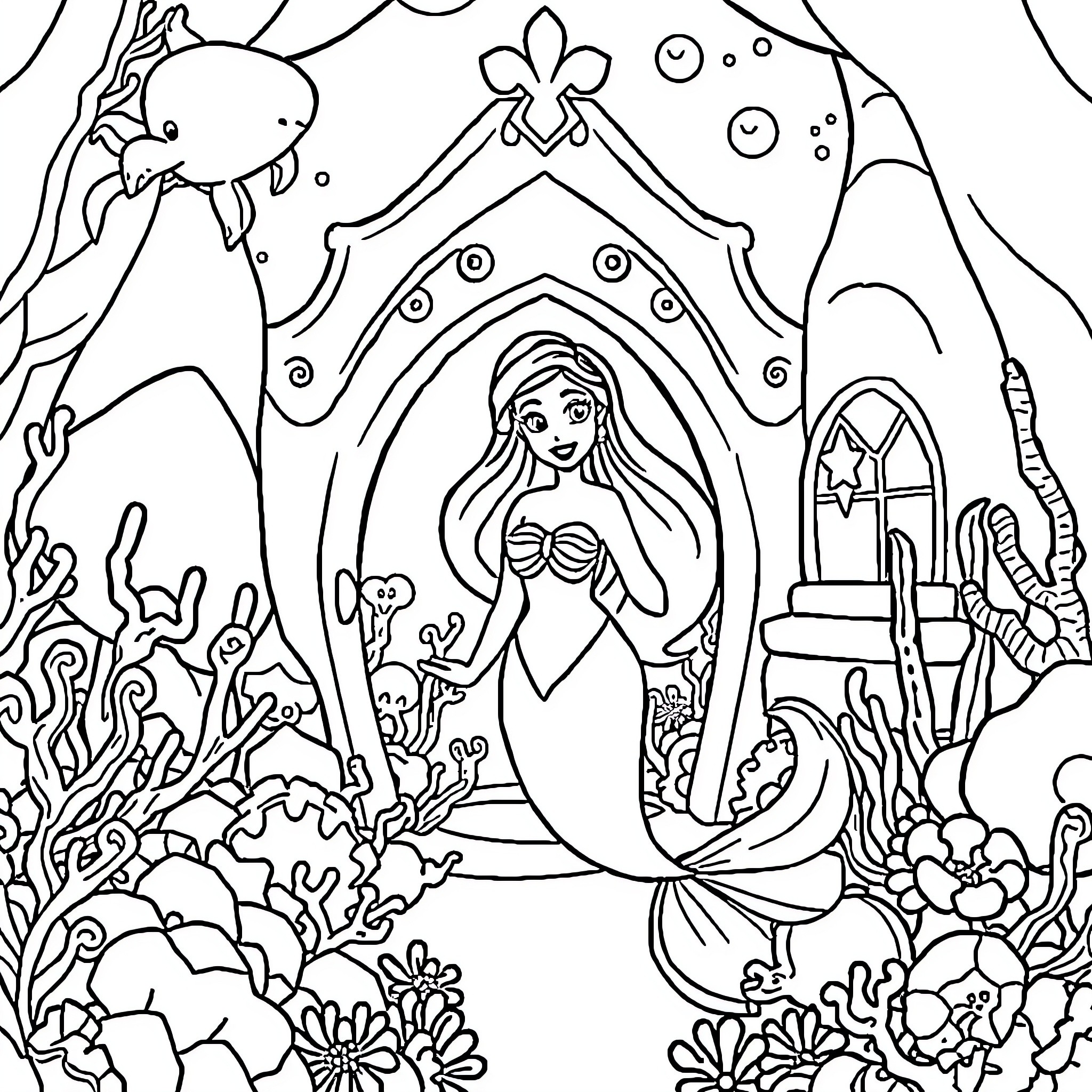 Ariel exploring the underwater wonders Coloring Page (free black-and-white line drawing printable PDF for all, from beginners to advanced learners, including children, teens, adults, and seniors)