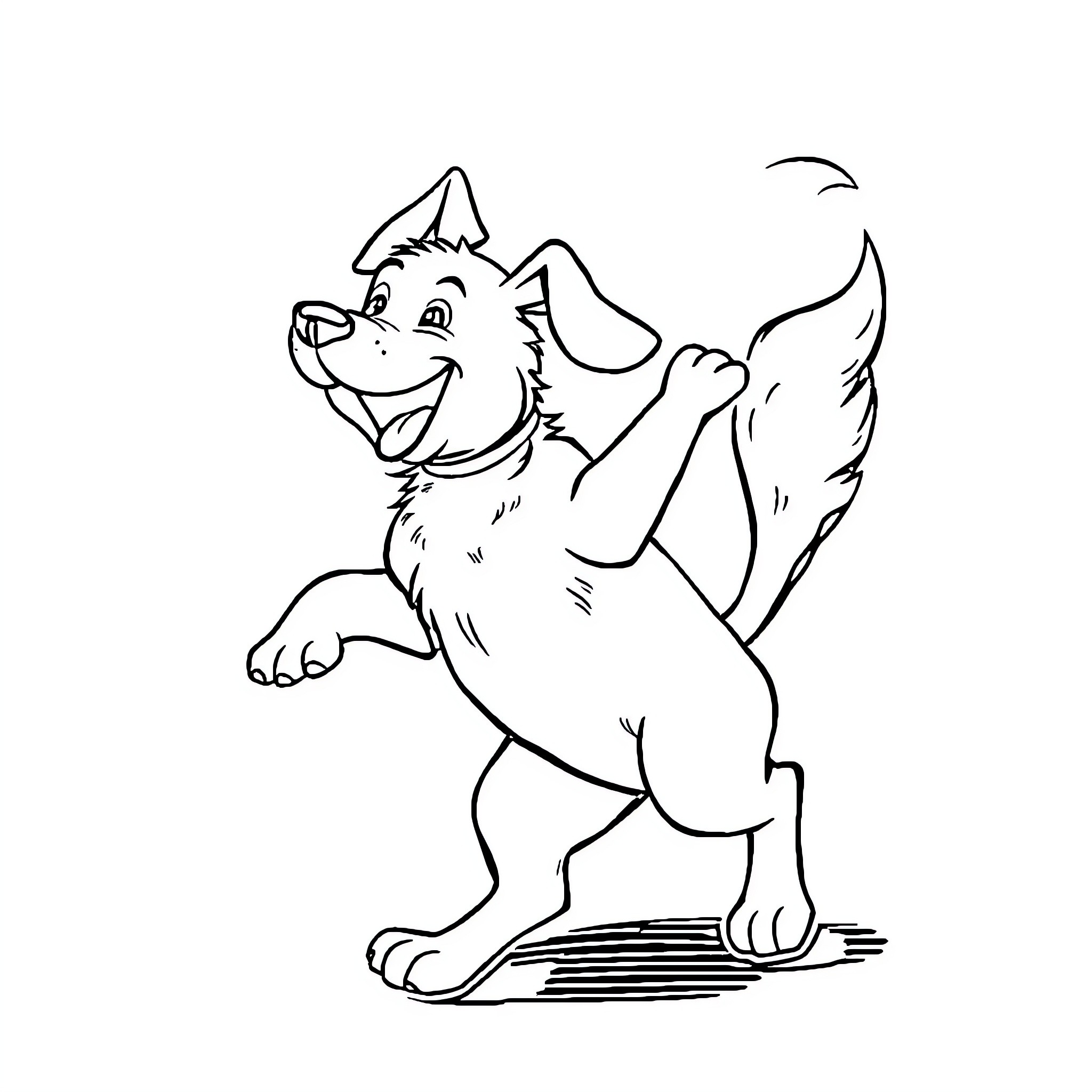 Dog happily striking a playful pose Coloring Page (free black-and-white line drawing printable PDF for all, from beginners to advanced learners, including children, teens, adults, and seniors)